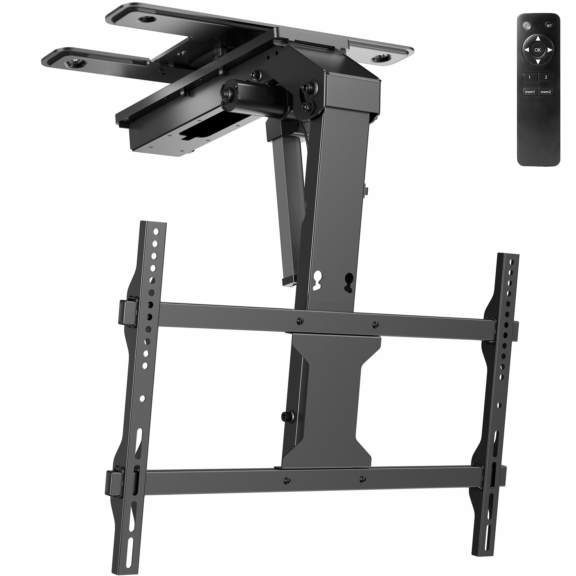 A black electric flip down/swivel ceiling TV mount with a remote control.