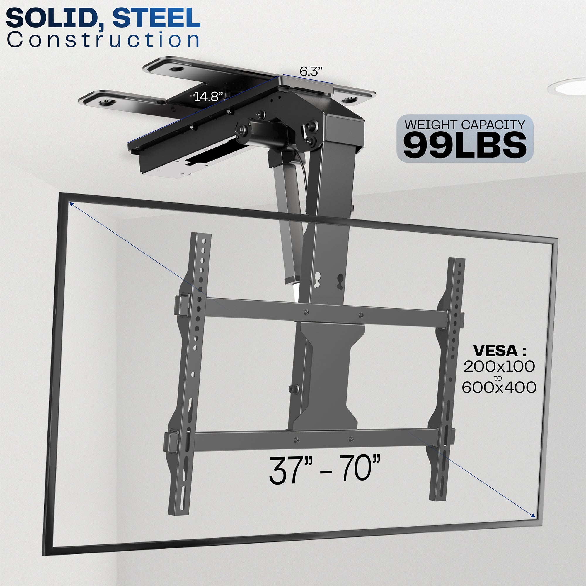 A black electric flip down/swivel ceiling TV mount with heavy duty construction feature highlighted.
