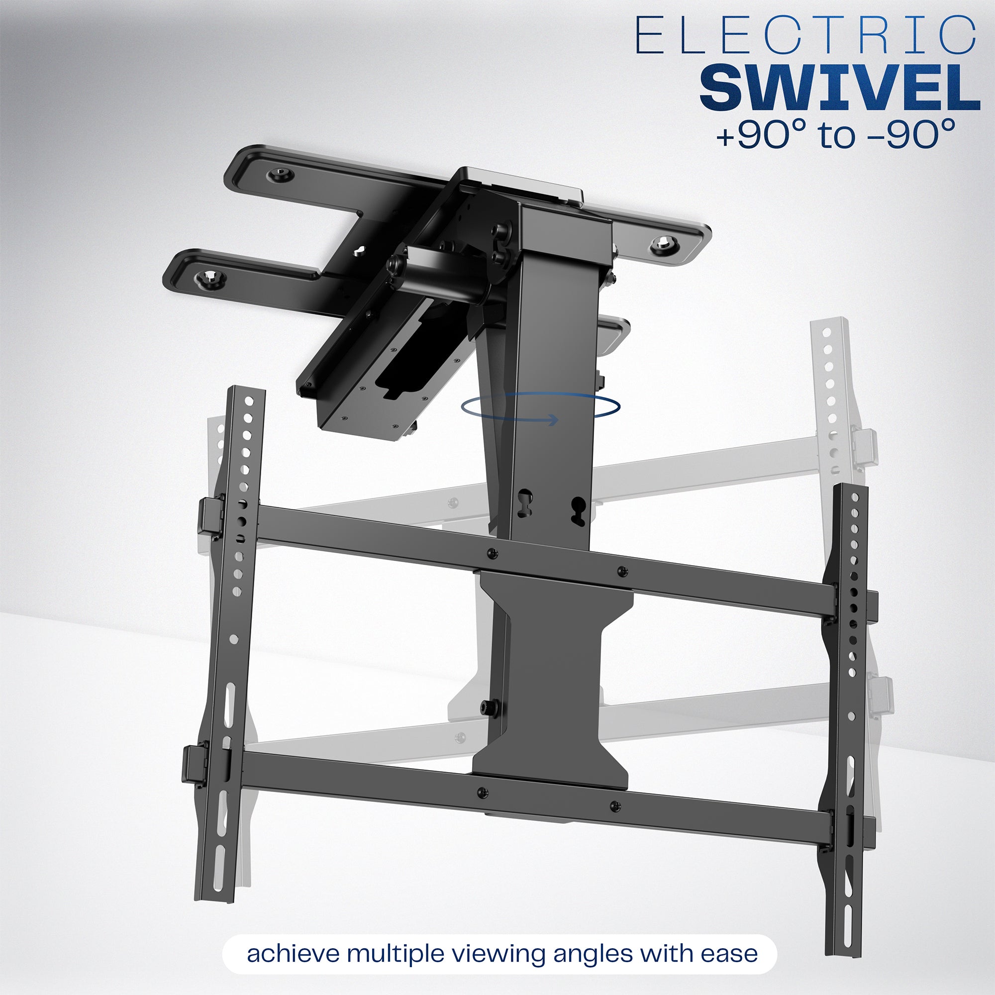 A black electric flip down/swivel ceiling TV mount with electric swivel feature highlighted with text on a white background.