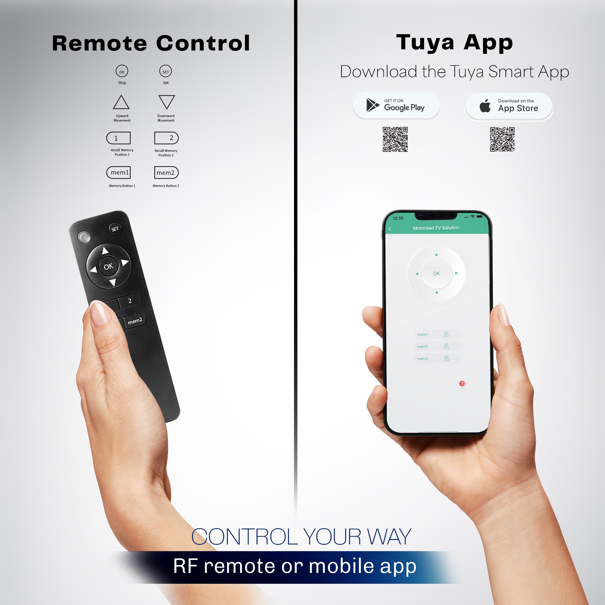 Control the TV mount using either remote control or Tuya app on a smart phone.