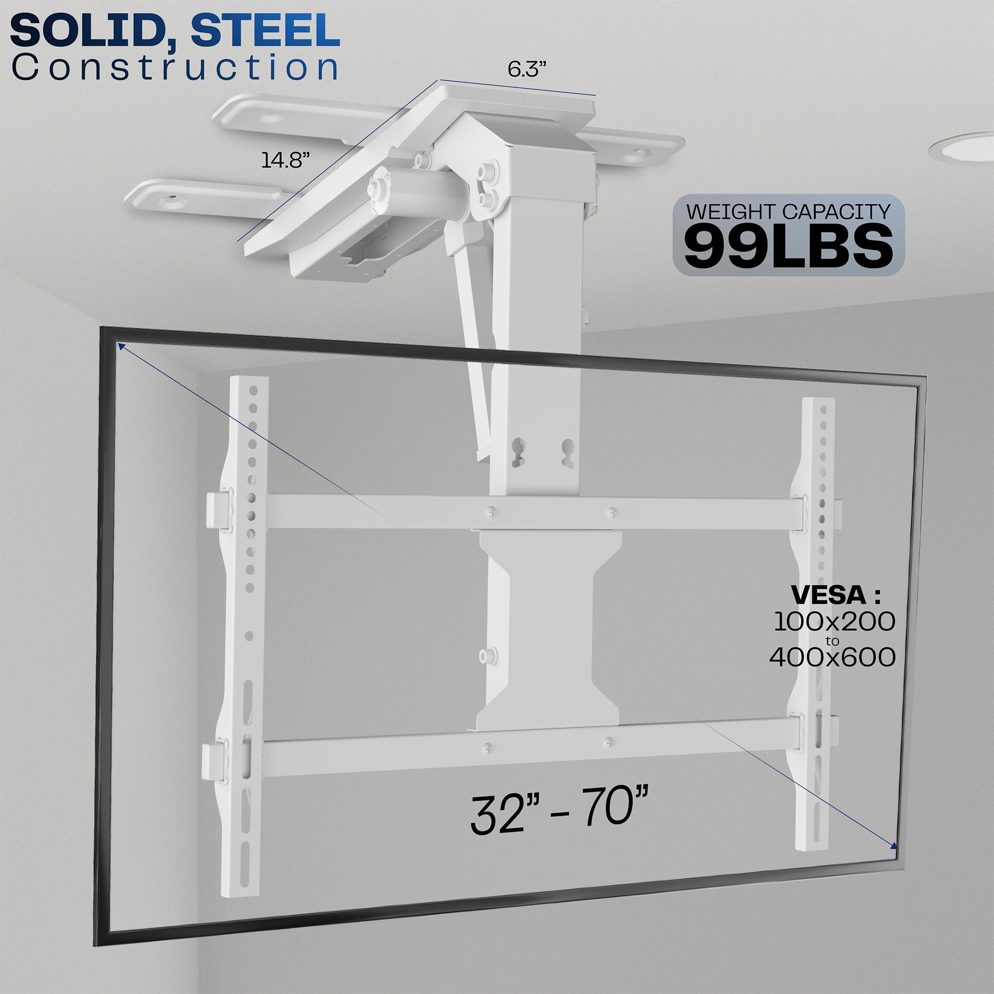 White, electric TV mount with specifications on a gray background