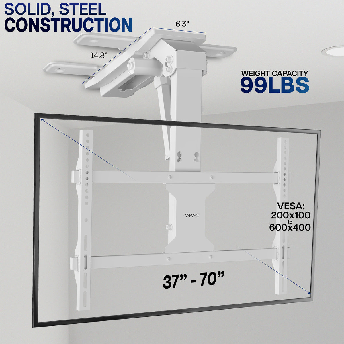 Electric Flip Down Ceiling TV Mount - 37" to 70" Screens specifications on a grey background