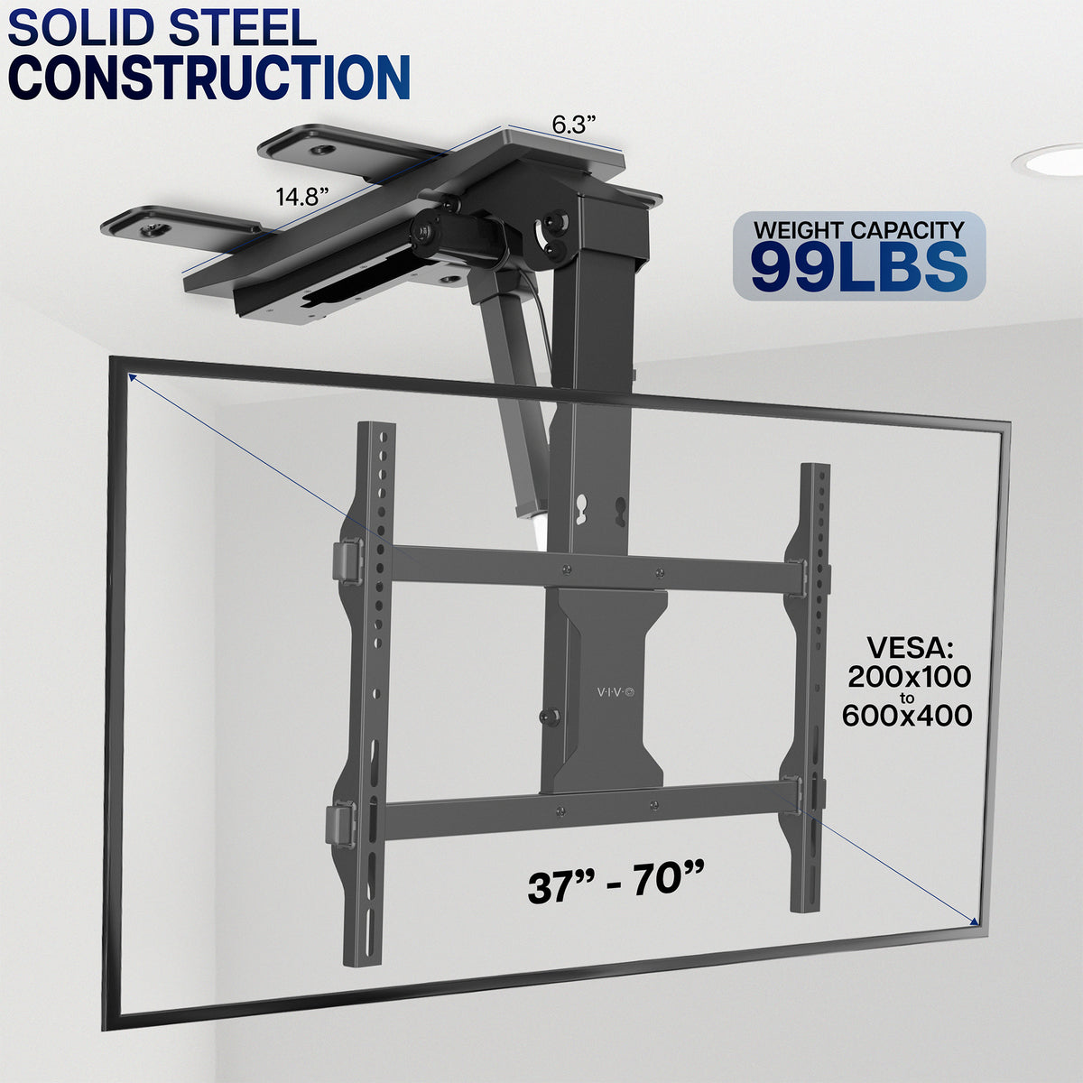 Electric Flip Down Ceiling TV Mount - 37" to 70" Screens specifications on a grey background
