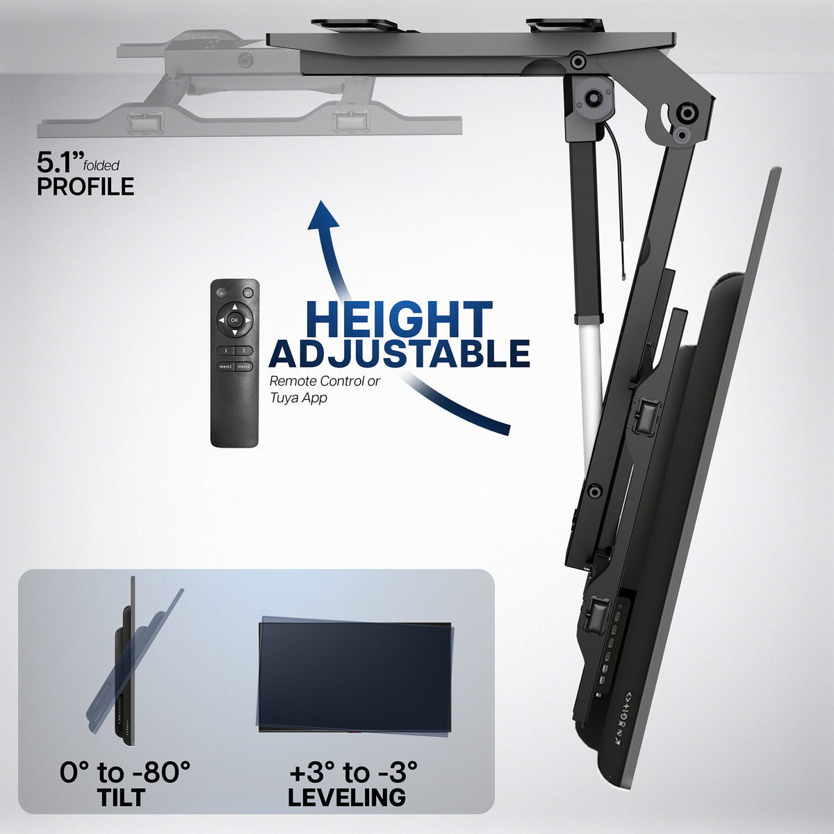 Electric Flip Down Ceiling TV Mount - 37" to 70" Screens specifications on a grey background detailing articulation