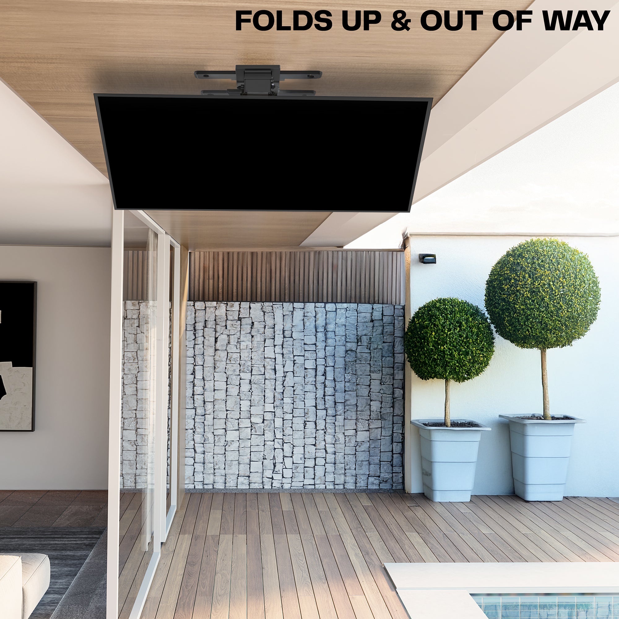Electric Flip Down Ceiling TV Mount that folds up and out of way for convenient placement.