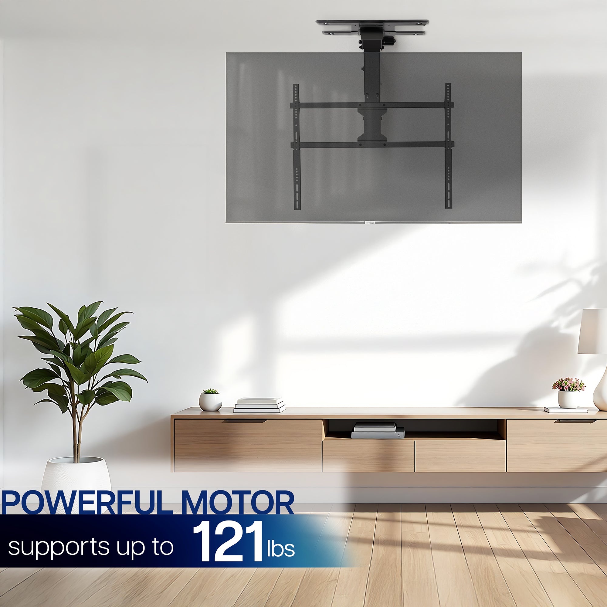 Modern living room with a TV mounted on the ceiling, plant, and wooden cabinet.