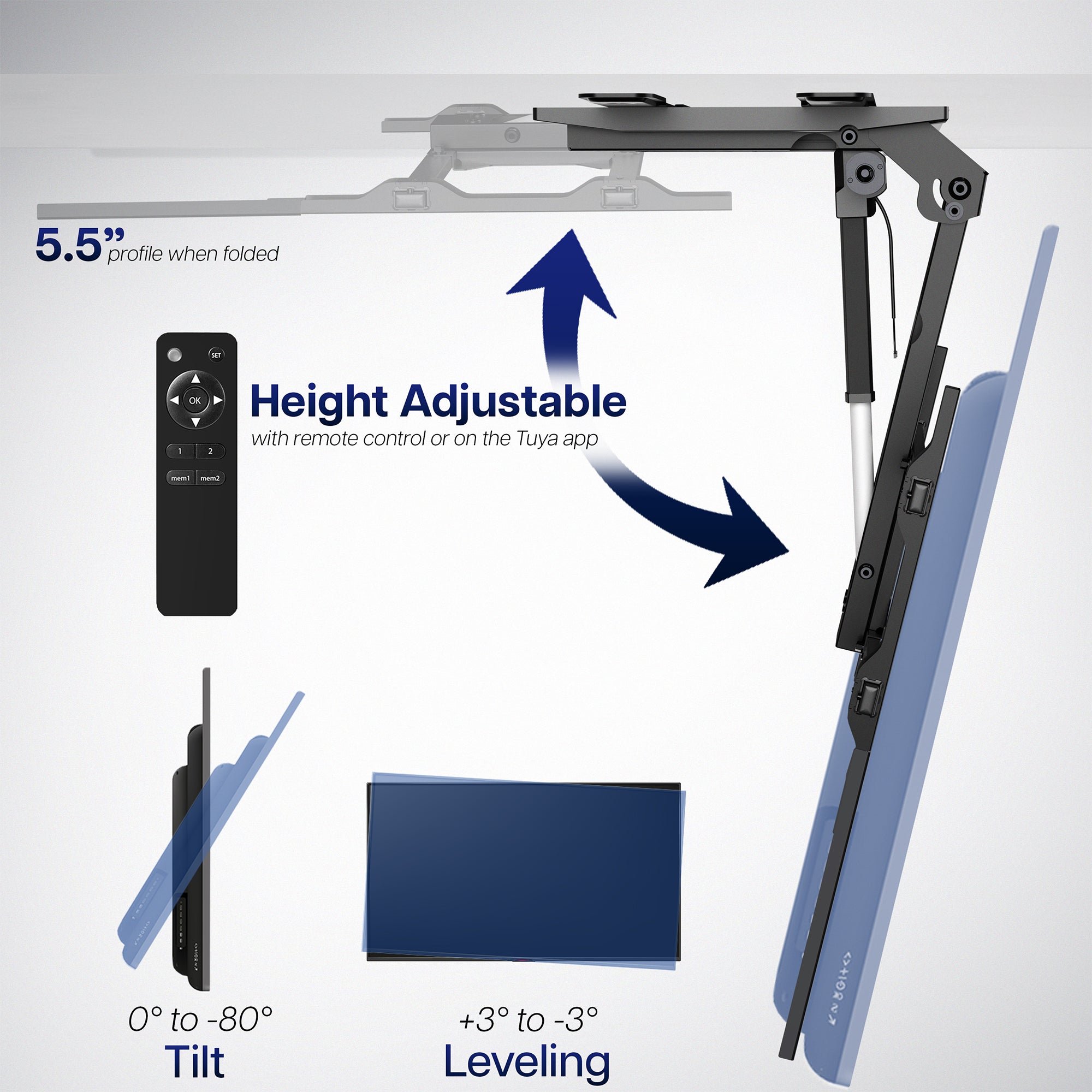 Low profile adjustable ceiling TV mount