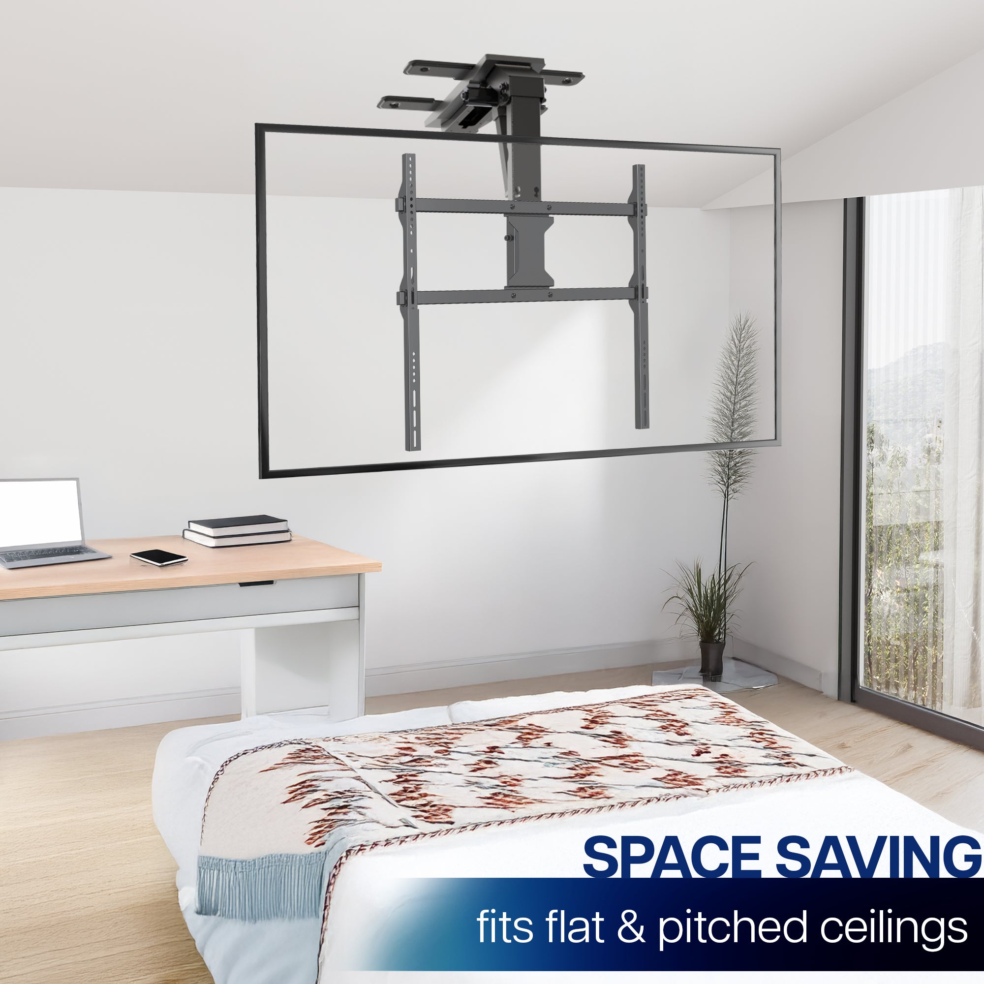 Ceiling-mounted TV bracket in a room with a desk and bed.