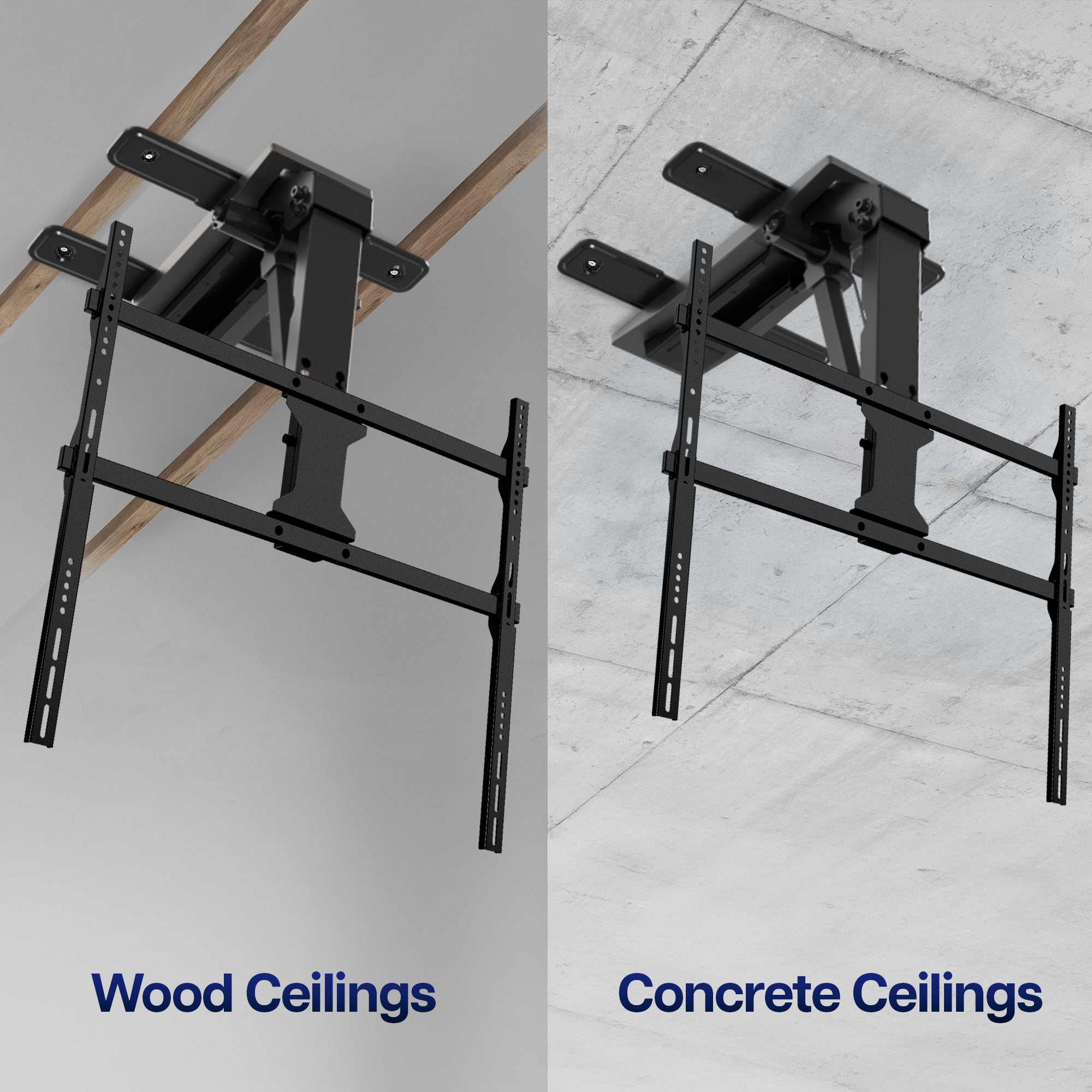 Two ceiling mount brackets on different ceiling types: wood and concrete.