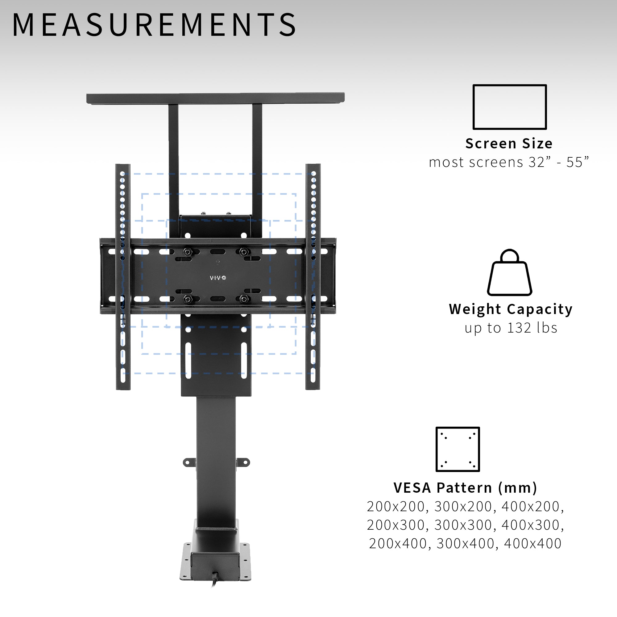 A motorized TV stand in black color with measurements listed.