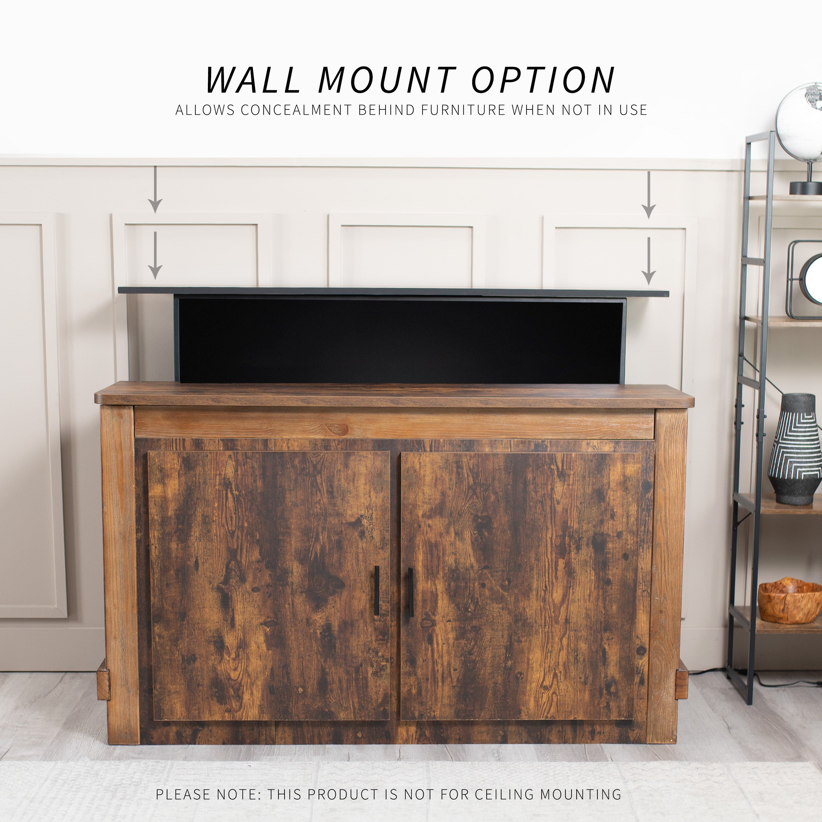 A motorized TV stand in black color with a wall mount option.