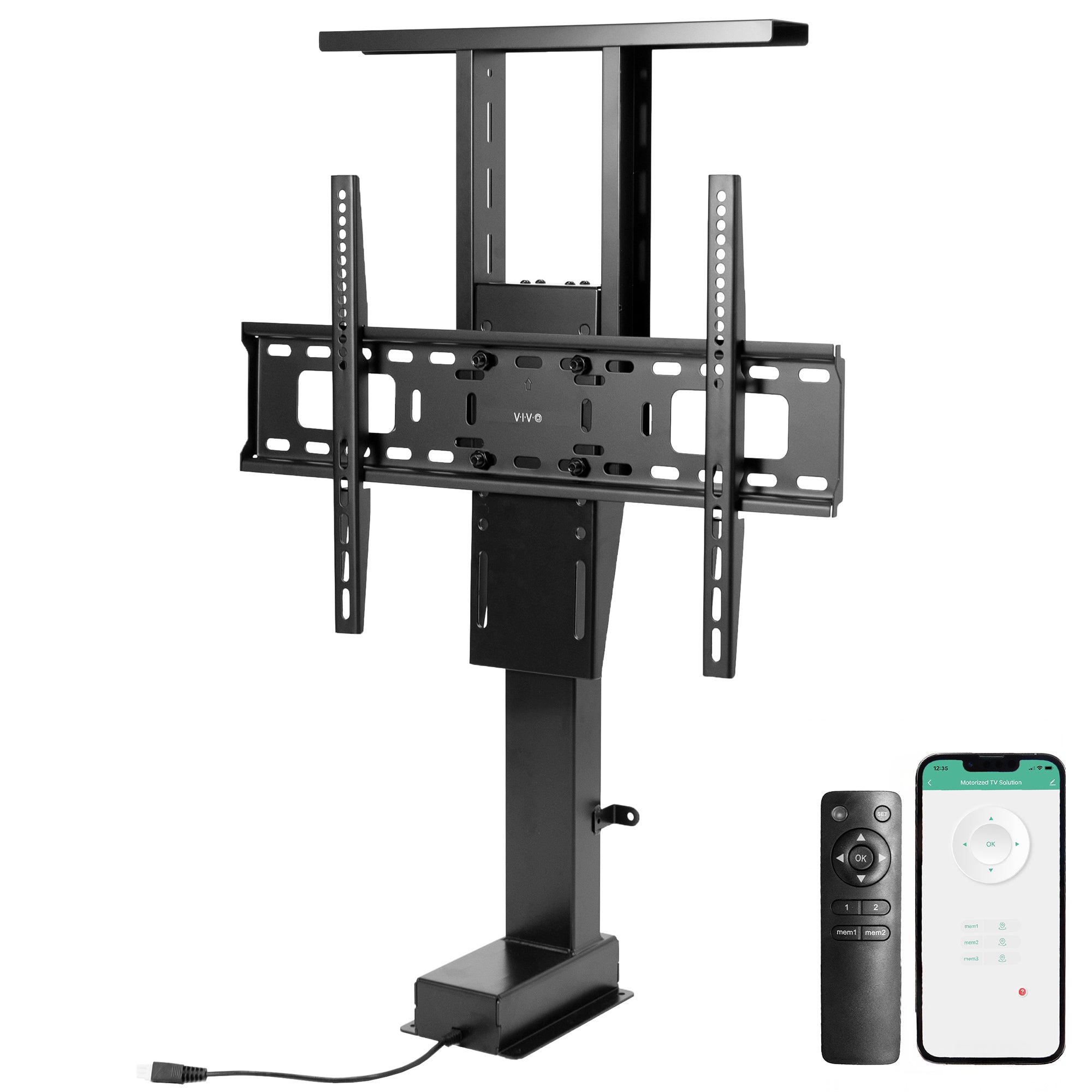 Motorized TV stand in black color with a remote control, designed to mount on a wall or cabinet.