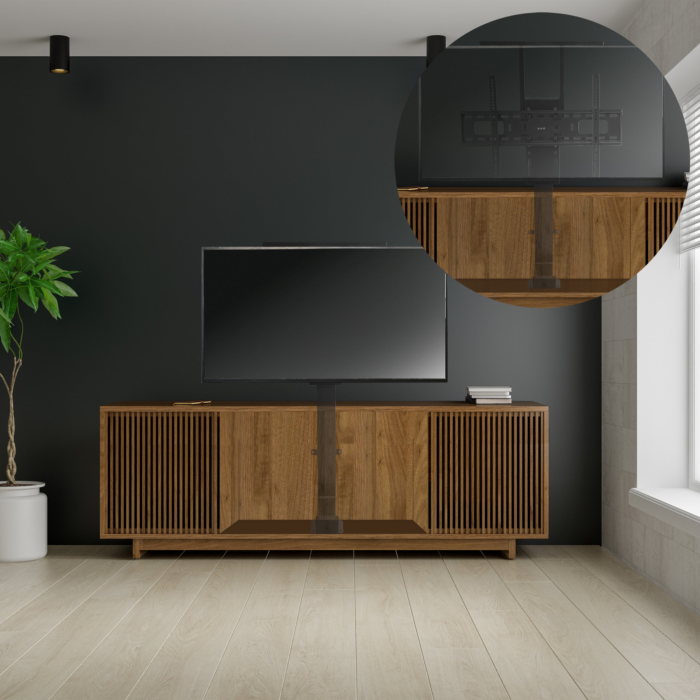 Modern living room with wooden entertainment console and TV.