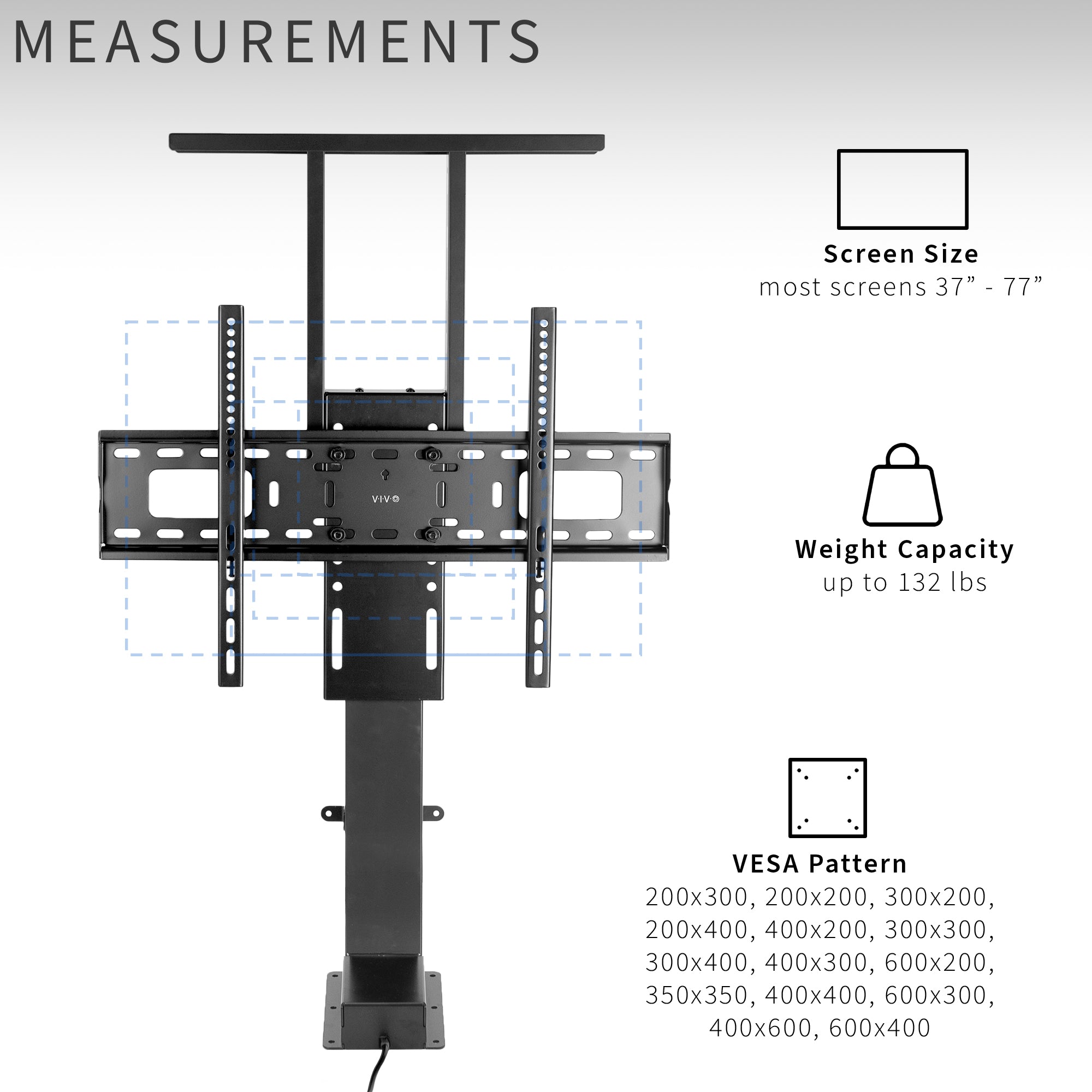 TV mount with measurements and specifications on a white background