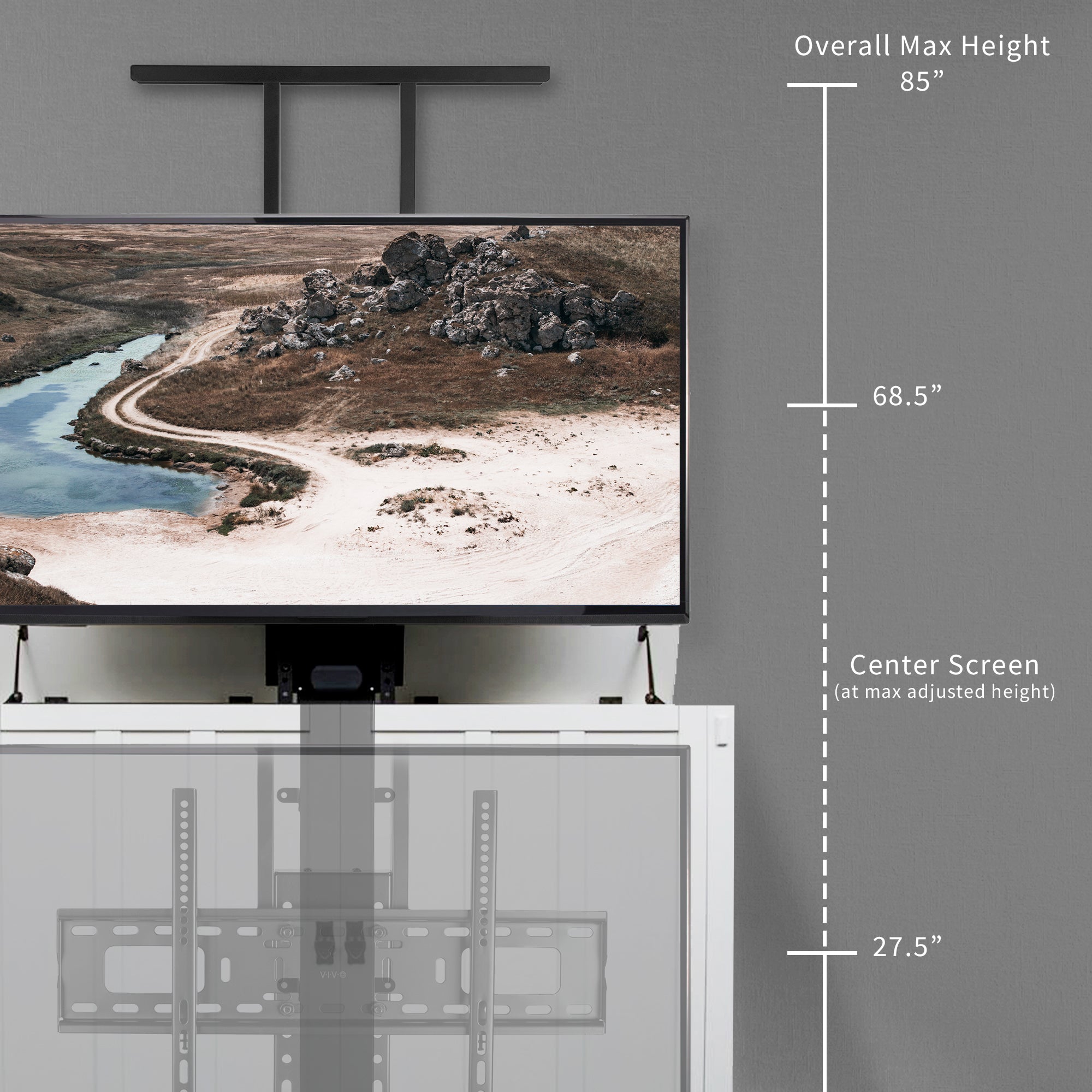 TV mounted on a stand with dimensions labeled on a gray wall