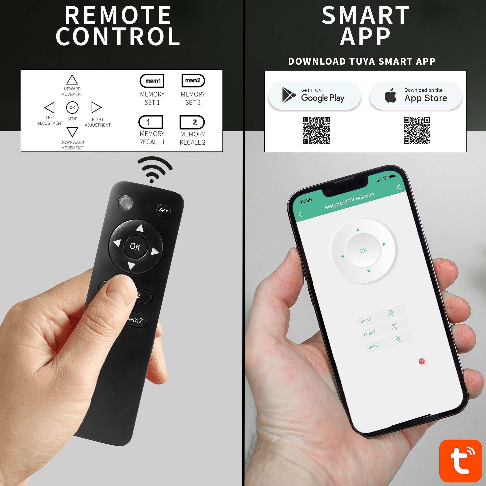 Remote control and smartphone with Tuya Smart app on a gray background
