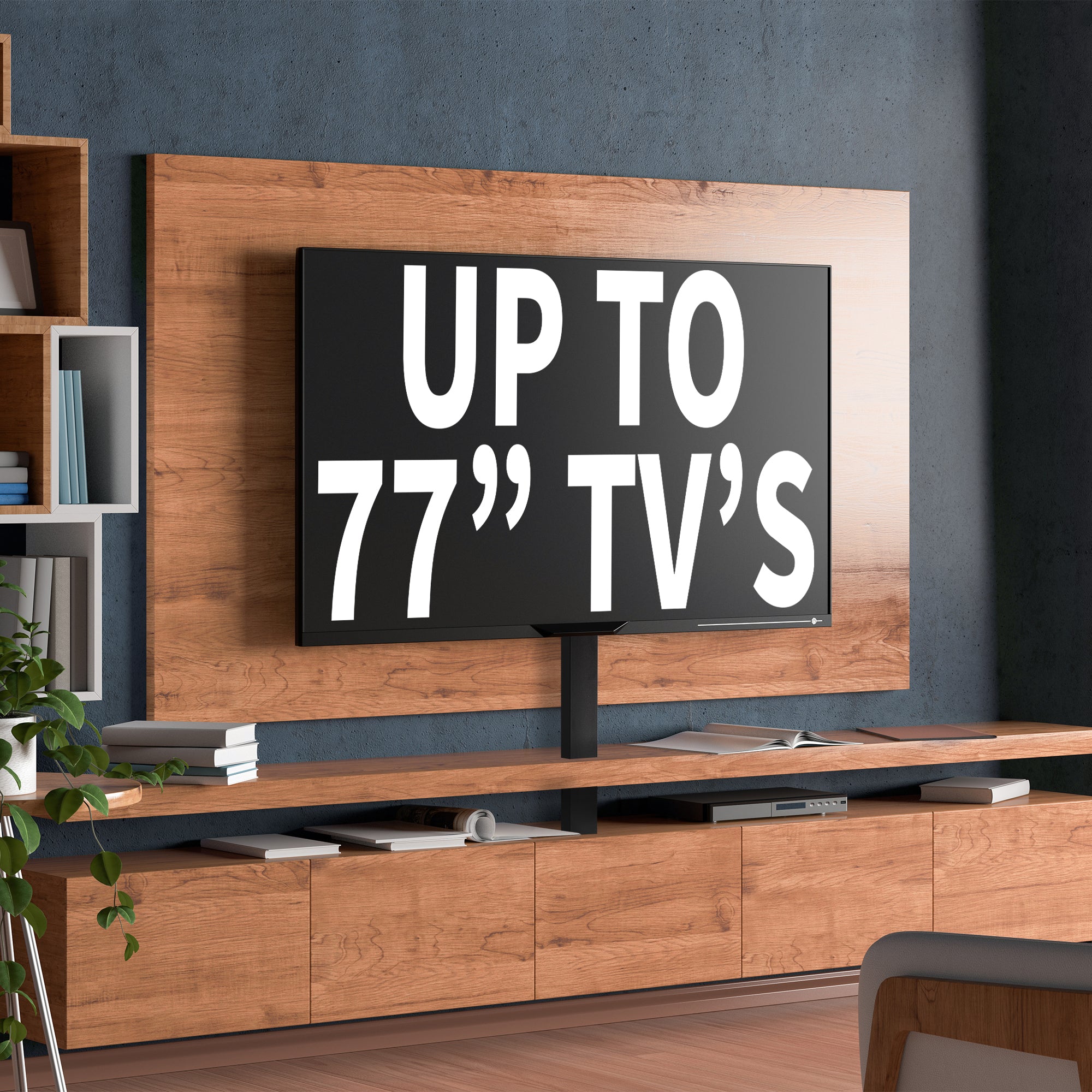 TV on a wooden stand with text on the screen, against a dark wall.