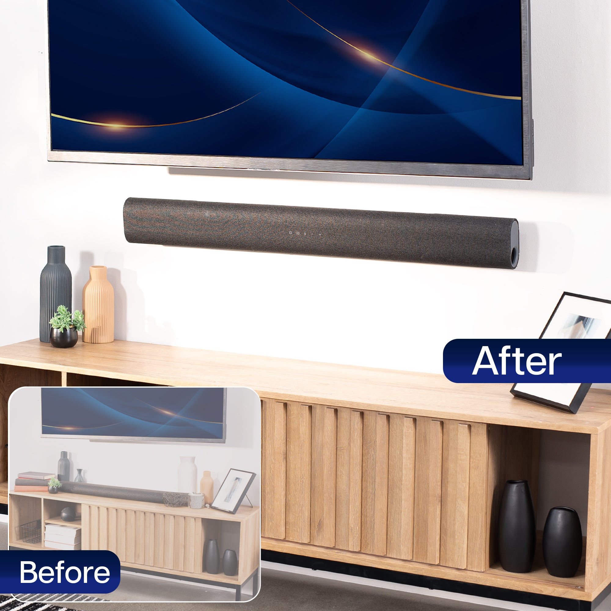 Before and after comparison of a TV setup with a sound bar wall mount
