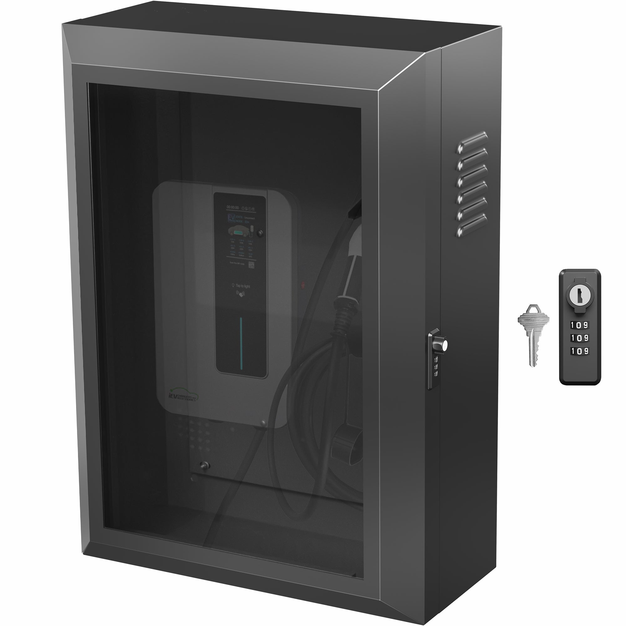 A black EV charger box with a glass door and a lock, accompanied by a key and a remote control.