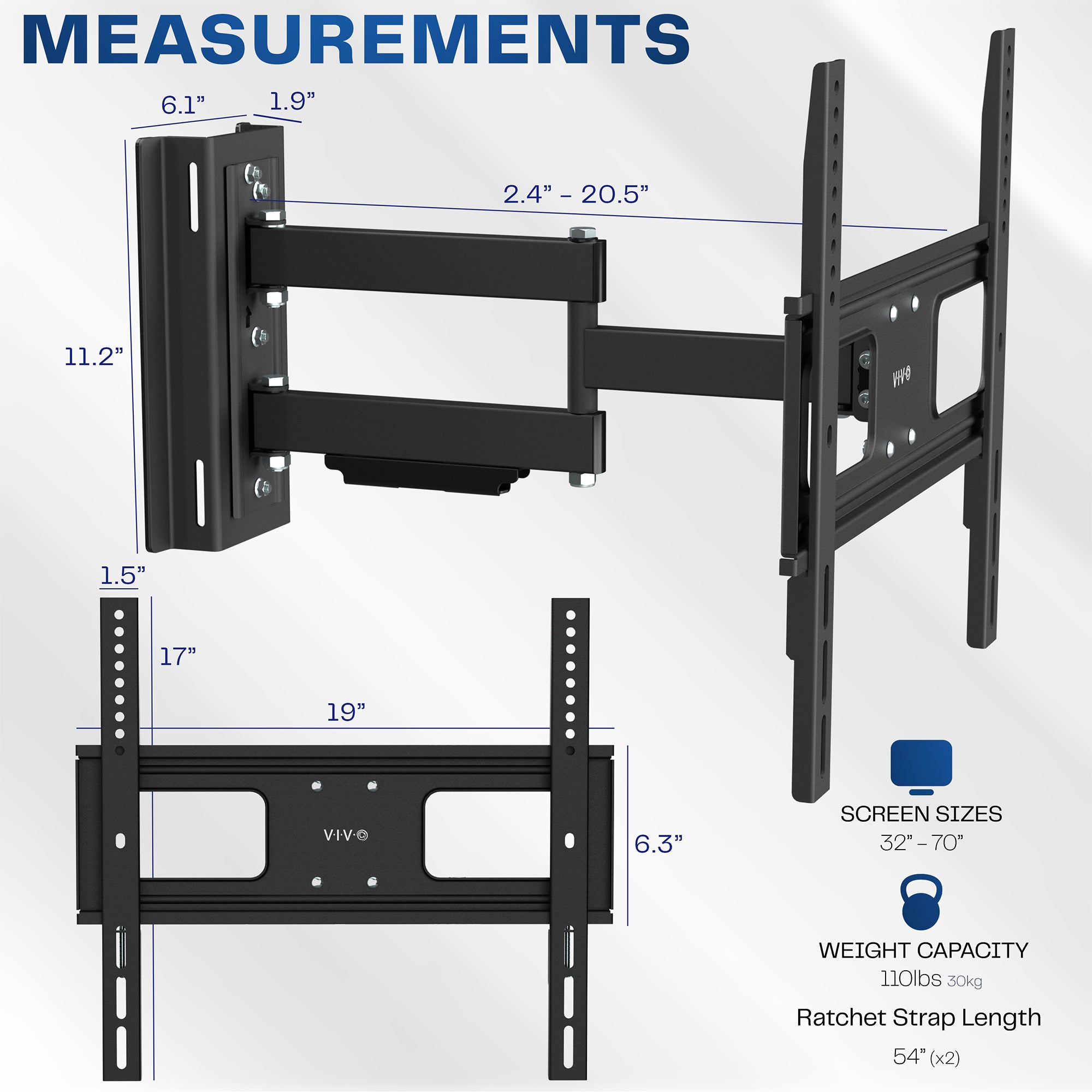 Black TV wall mount with measurements on a white background