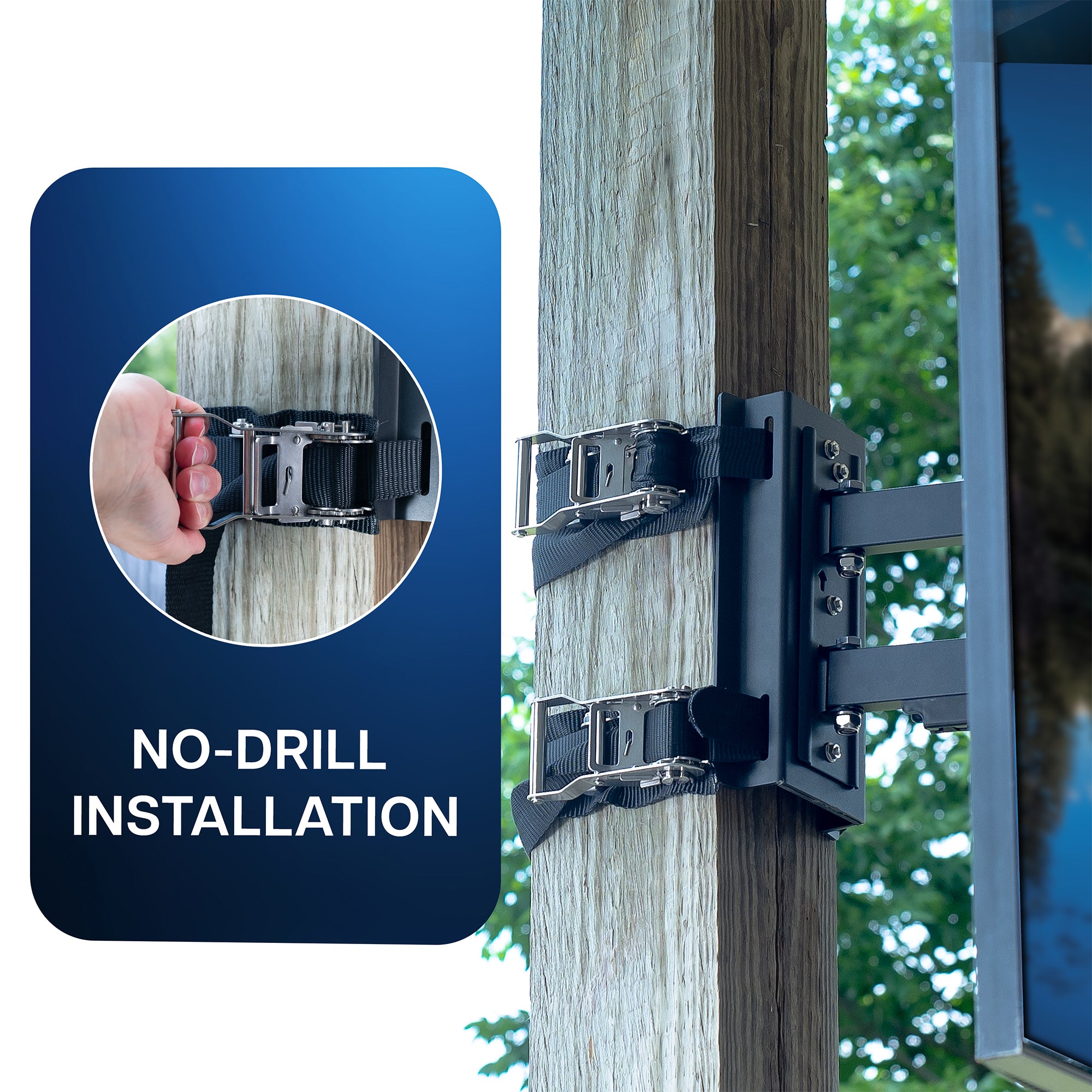 Metal bracket attached to a wooden post with text and insert showing hand using tool.