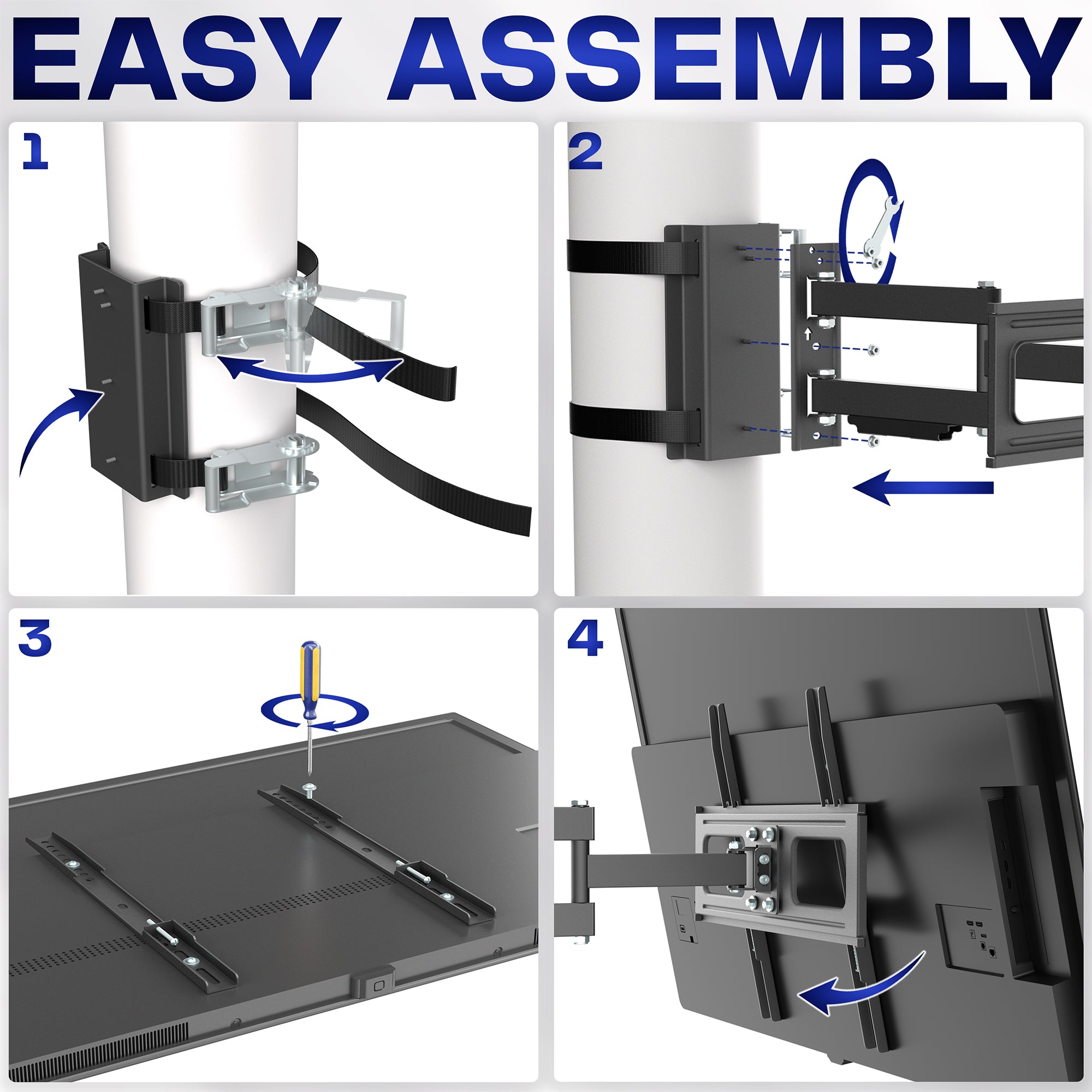 Step-by-step assembly guide for a TV mount with arrows indicating the sequence.