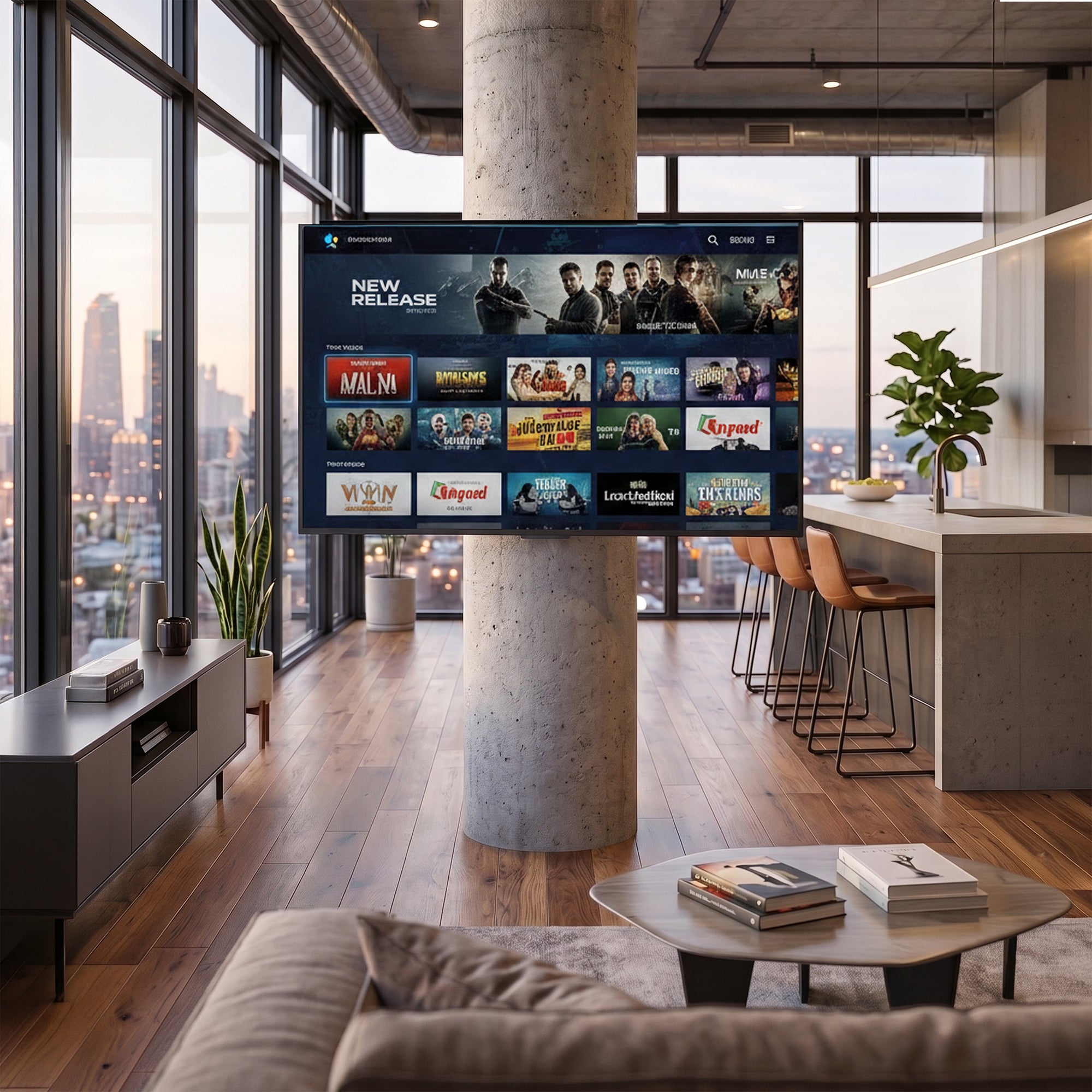 Column TV mount supporting a large digital display on a structural pillar in a commercial space