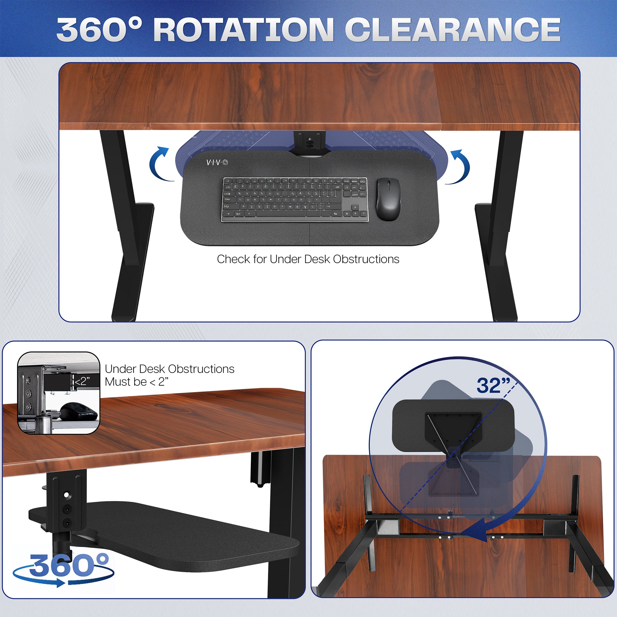 Wooden desk with keyboard tray and 360-degree rotation feature, showing under-desk clearance.