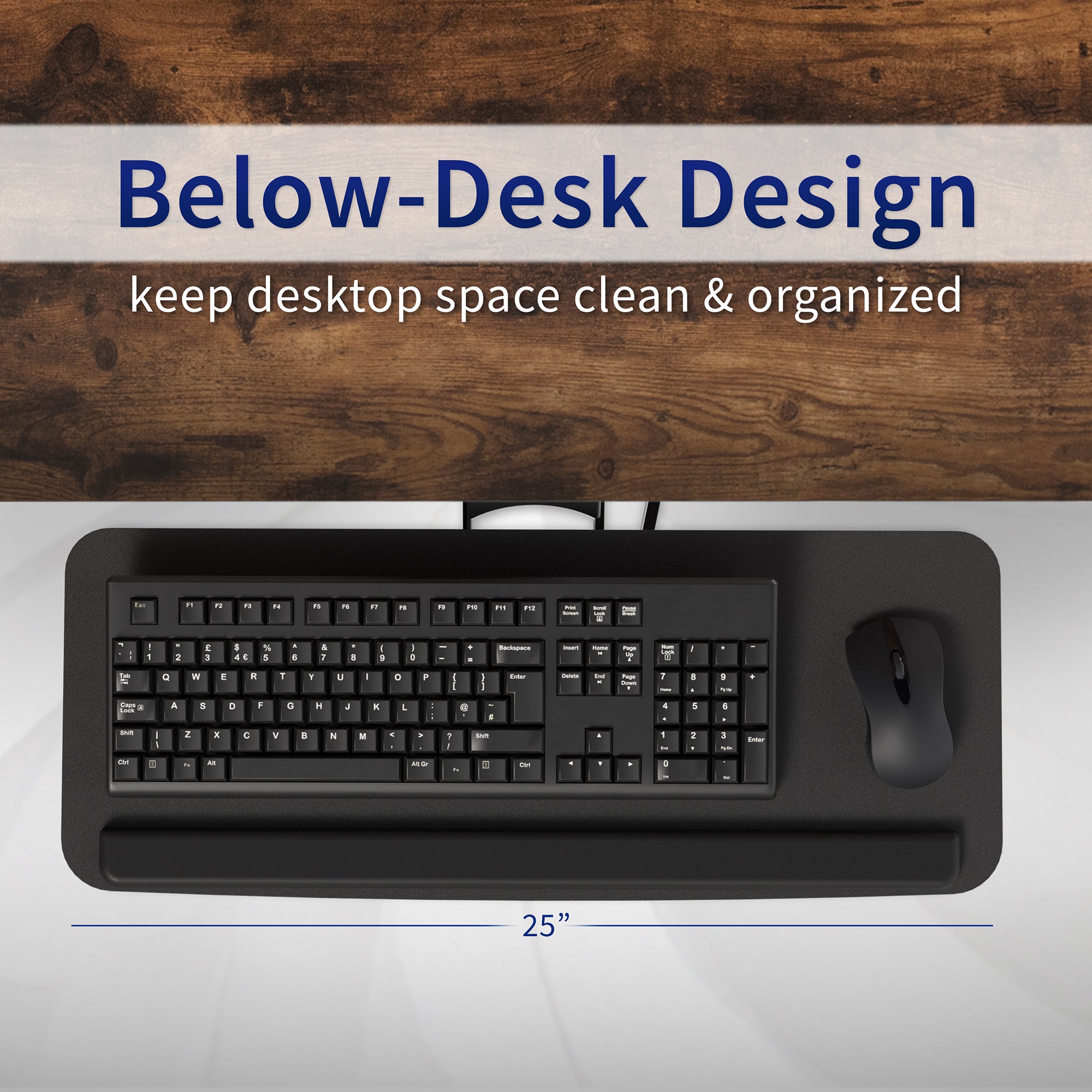 Ergonomic under desk keyboard tray mount with comfortable tilting angles for typing.