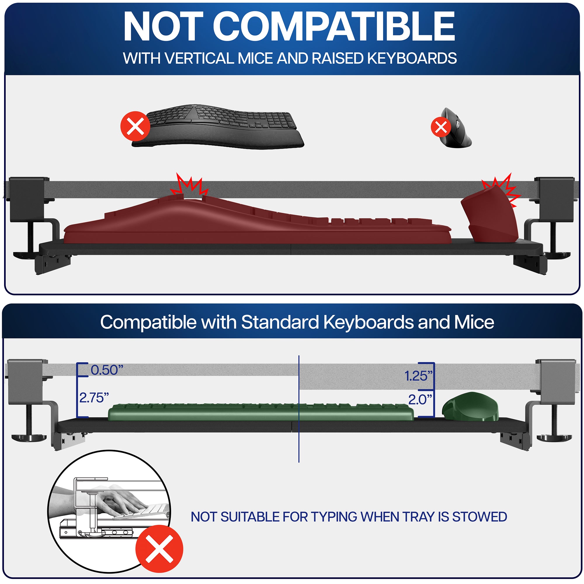 Under desk solid steel sliding keyboard tray.
