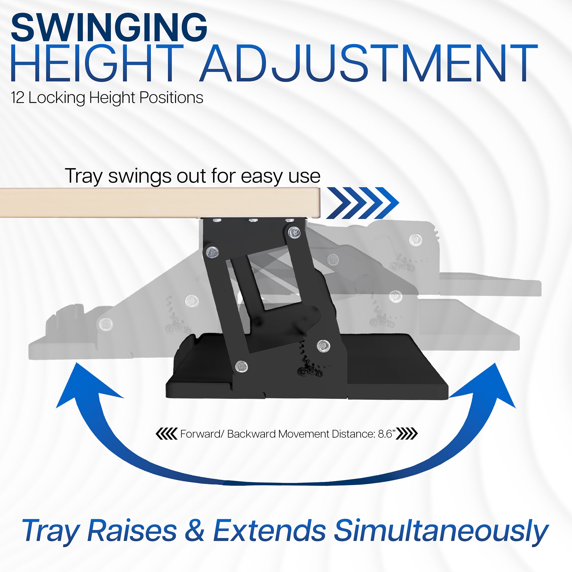 Swinging height adjustment mechanism with text on a white background