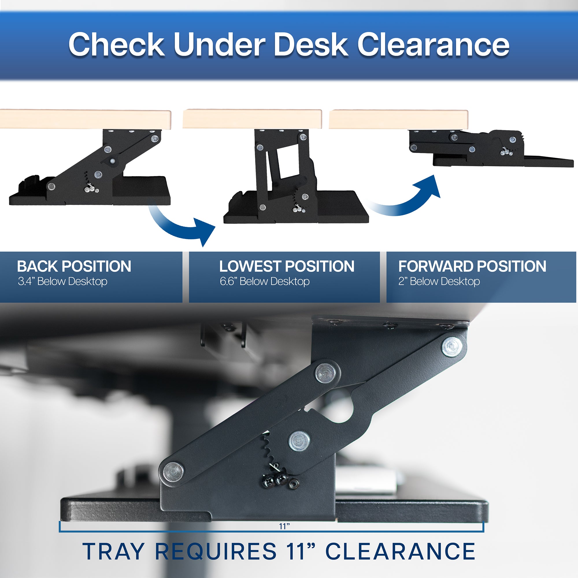 Illustration of a adjustable desk tray with position labels and clearance information.