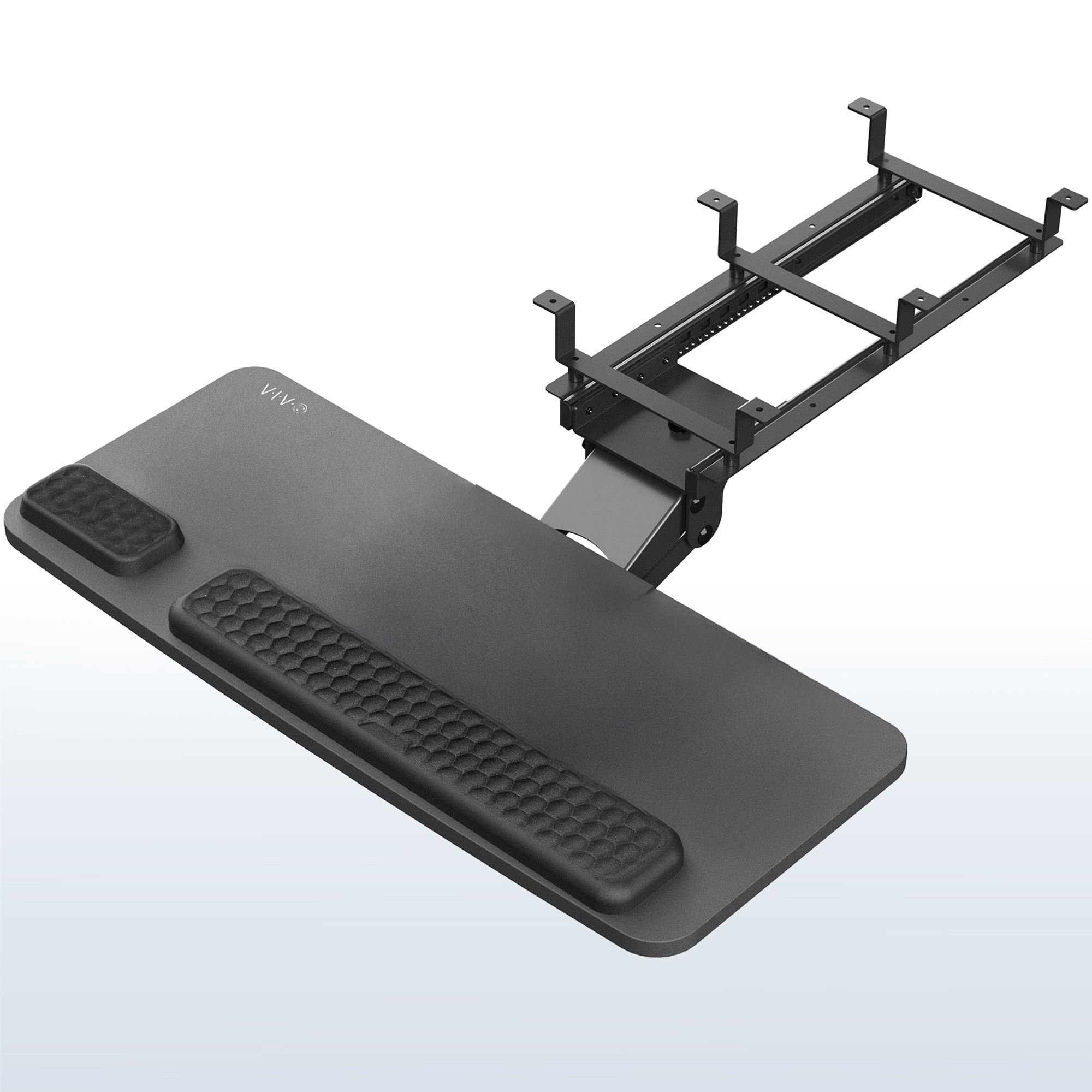 An under desk keyboard tray setup with a black keyboard and mouse on the tray, attached to a metal bracket under the desk.