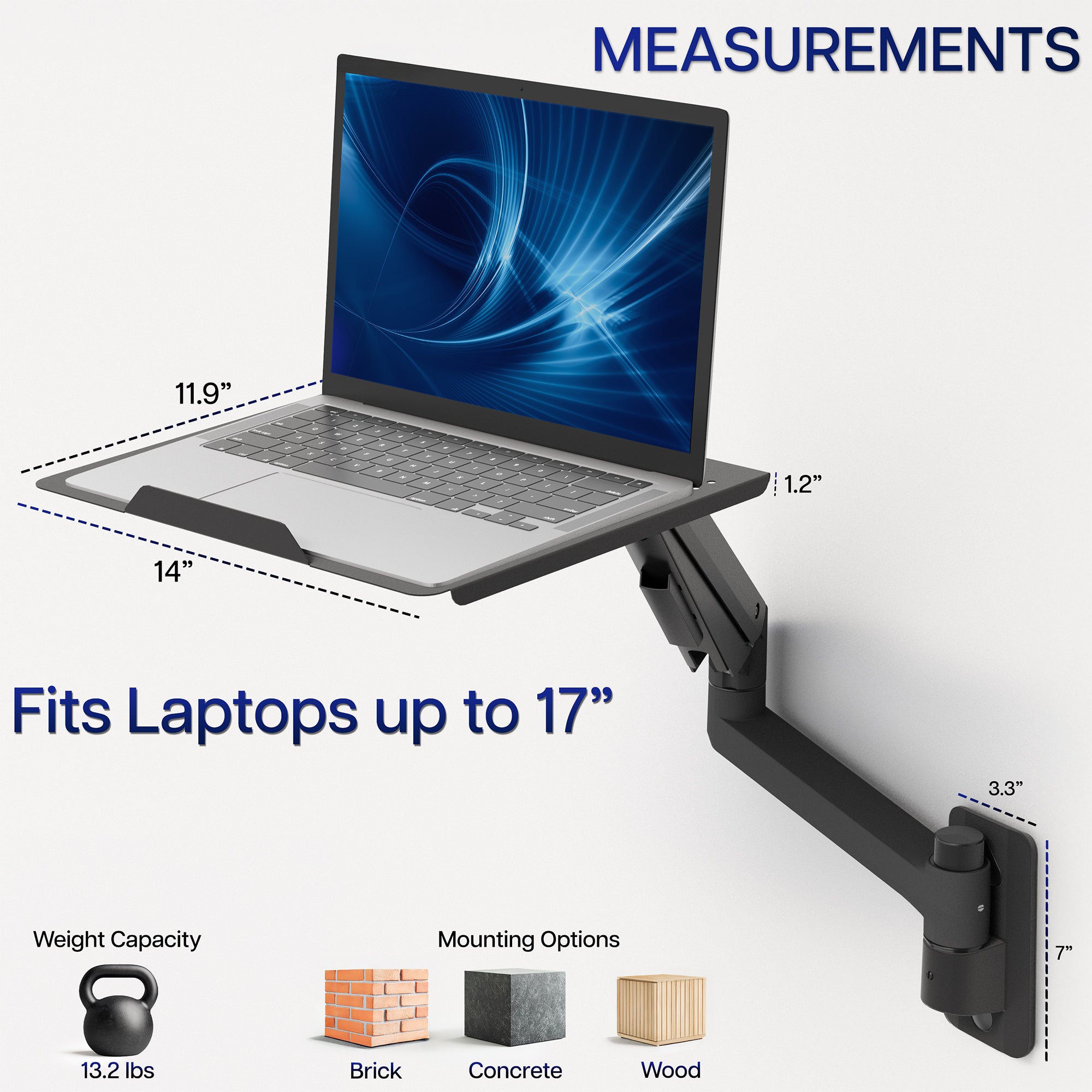 Pneumatic Wall Mounted Laptop Tray that installs on brick, concrete, and wood surfaces.