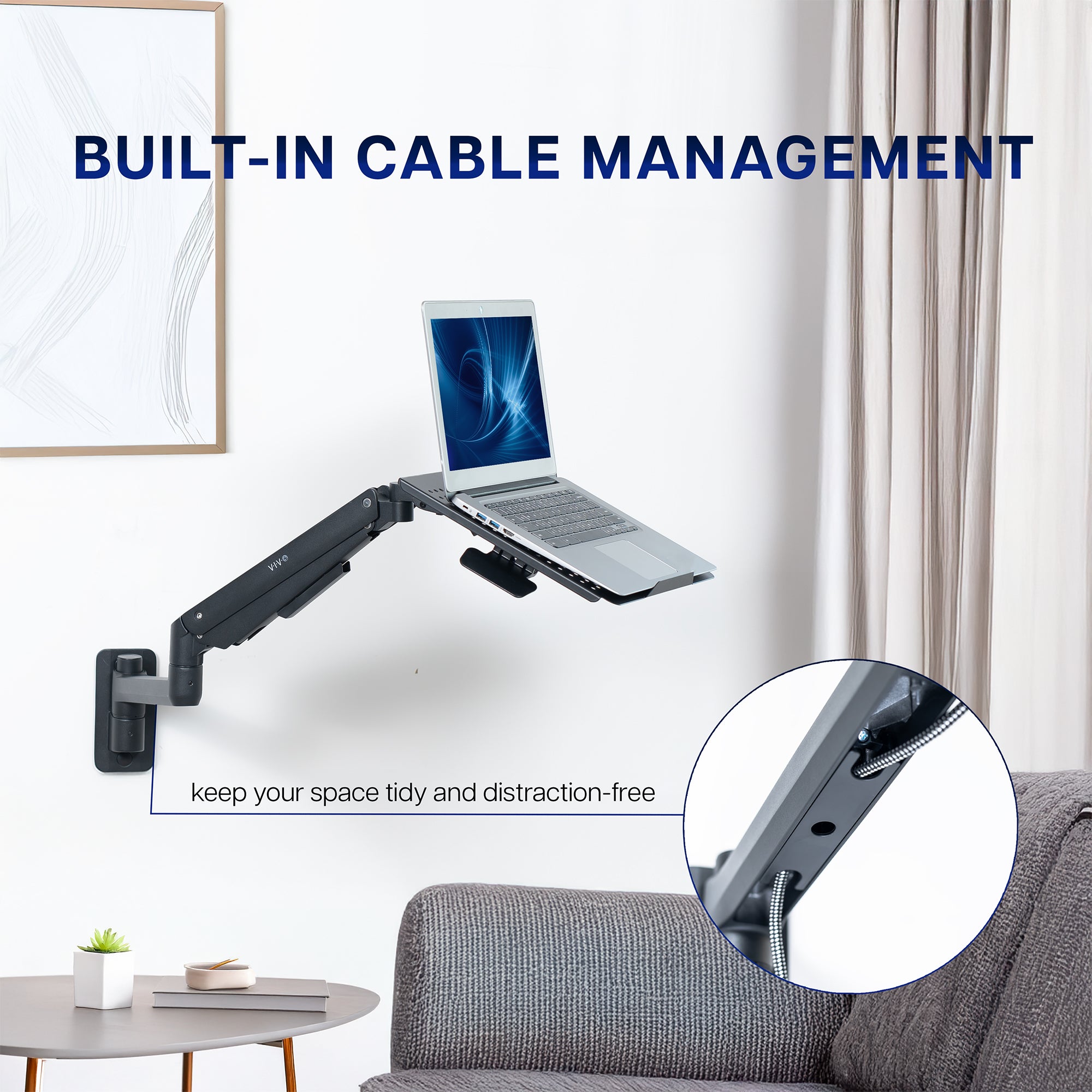 Keep your space tidy and distraction free with built-in cable management
