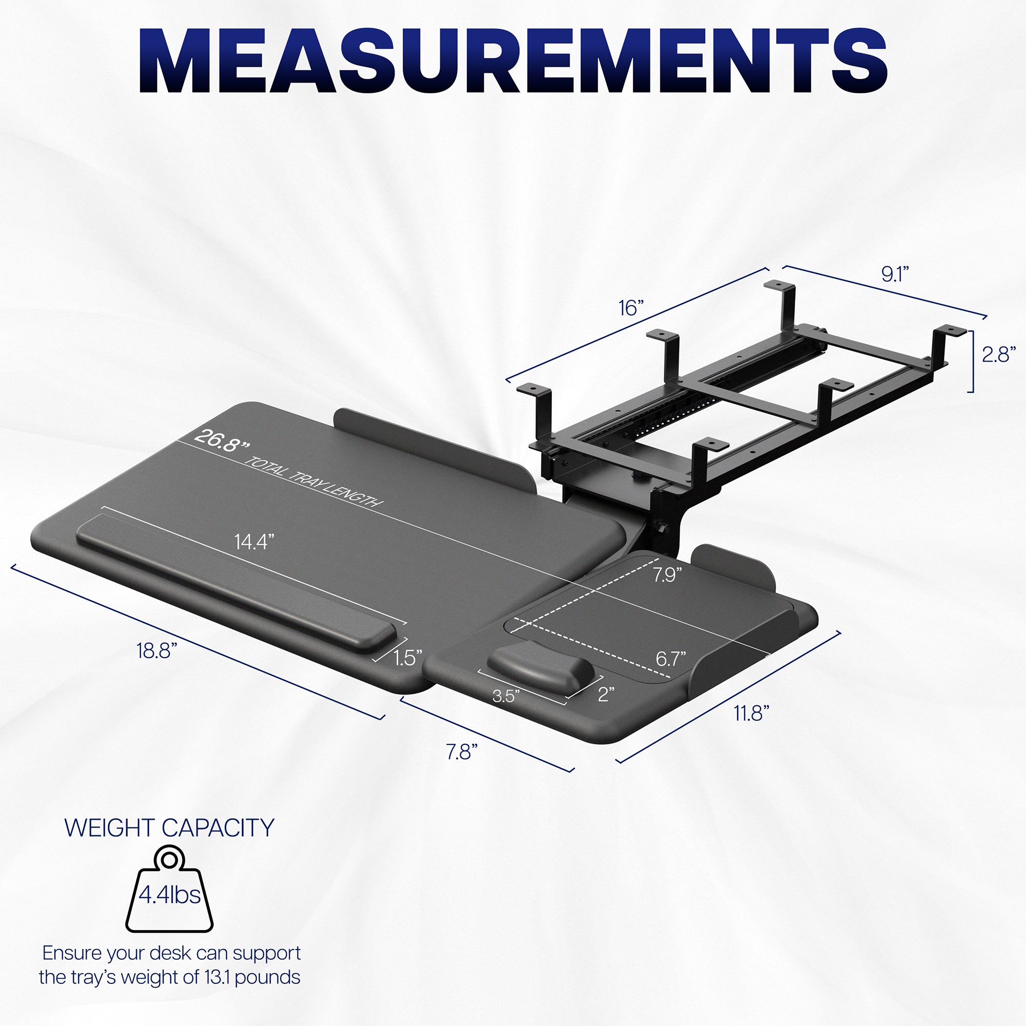 Measurement of keyboard tray with dimensions and weight capacity on a white background.
