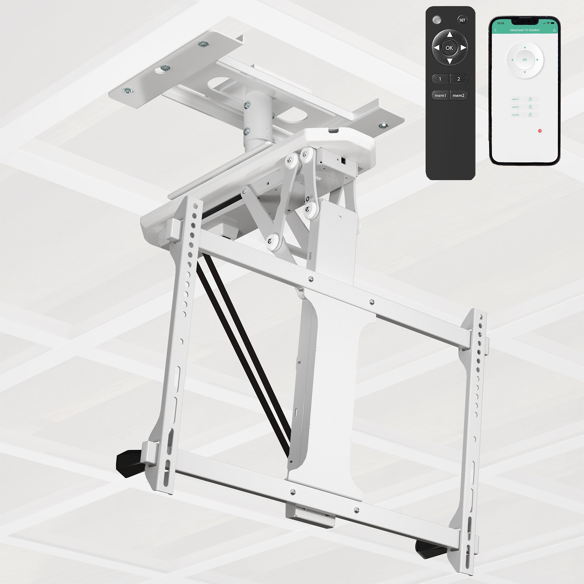 Ceiling TV mount bracket with remote control and smartphone app control on a white background