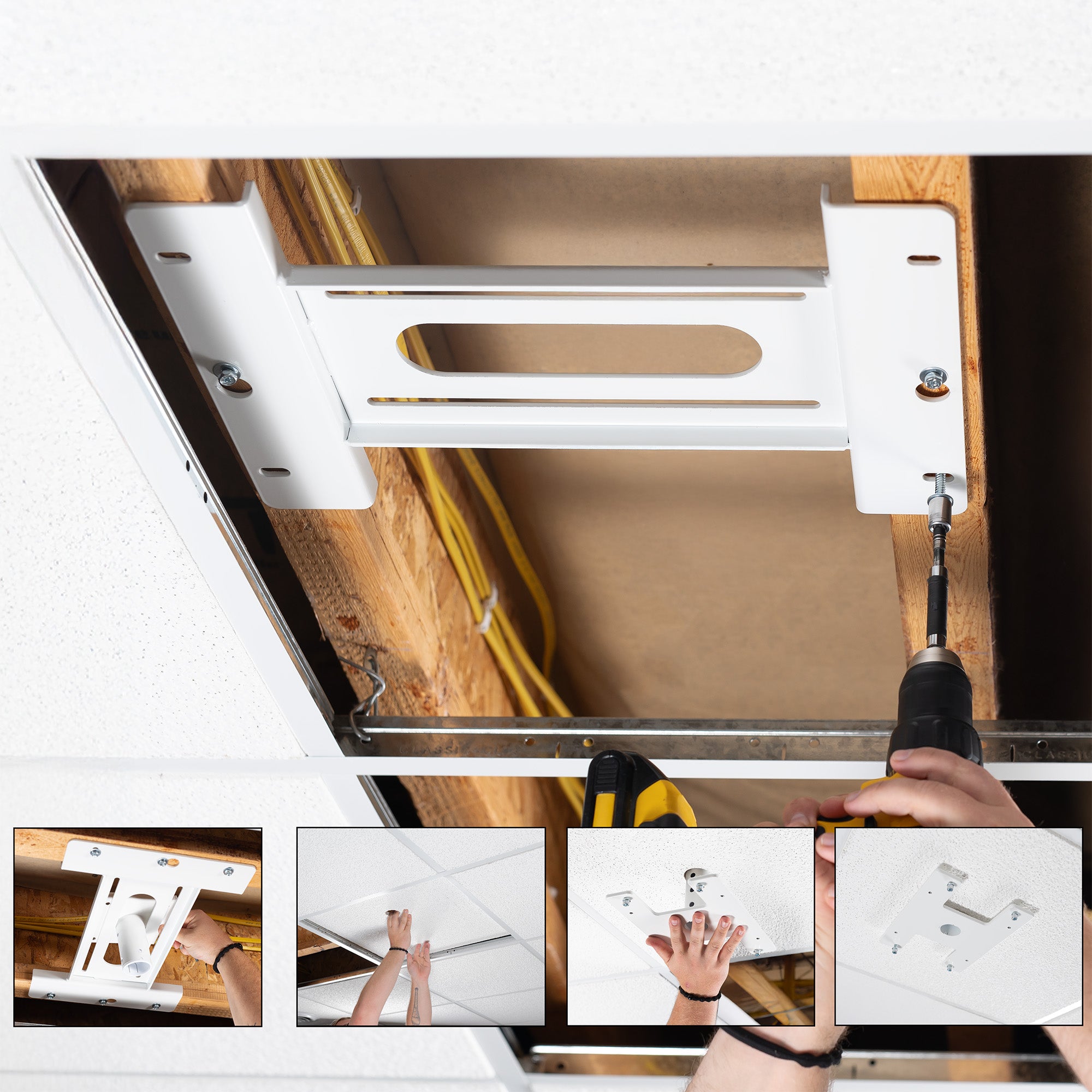 Ceiling TV mount installation process with tools and hands shown.