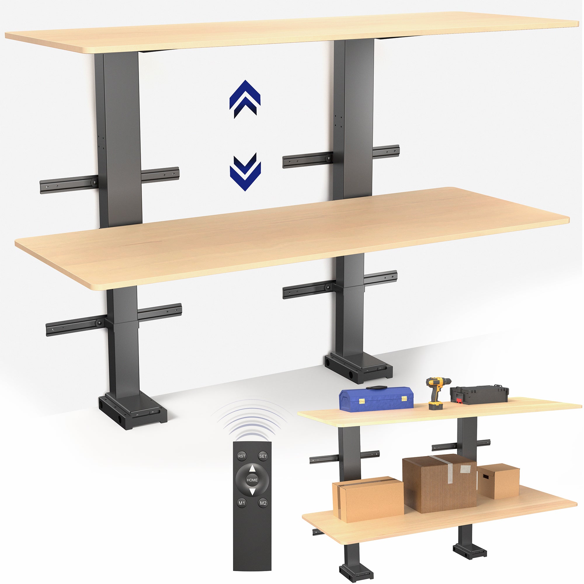 Adjustable height desk with shelves on a white background