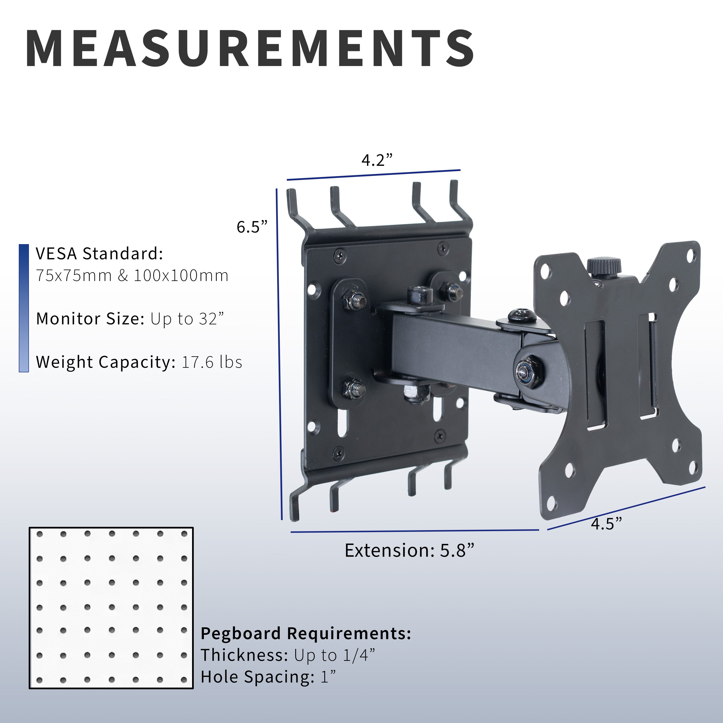 Pegboard monitor mount with articulating arm.