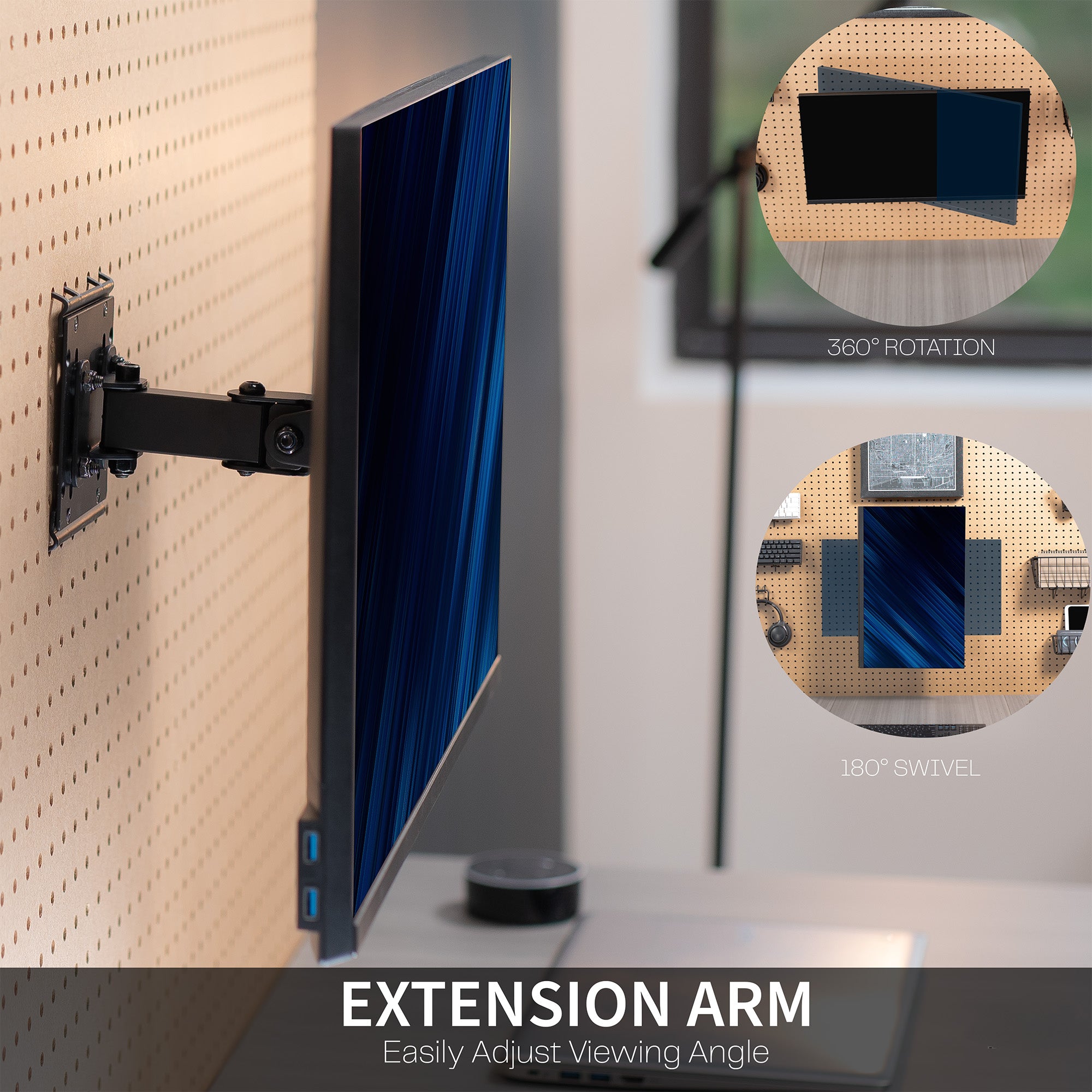 Pegboard monitor mount with articulating arm.