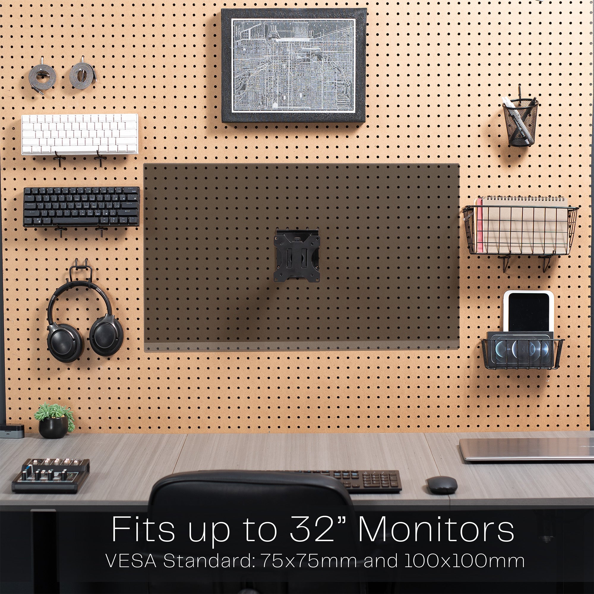 Pegboard monitor mount with articulating arm.