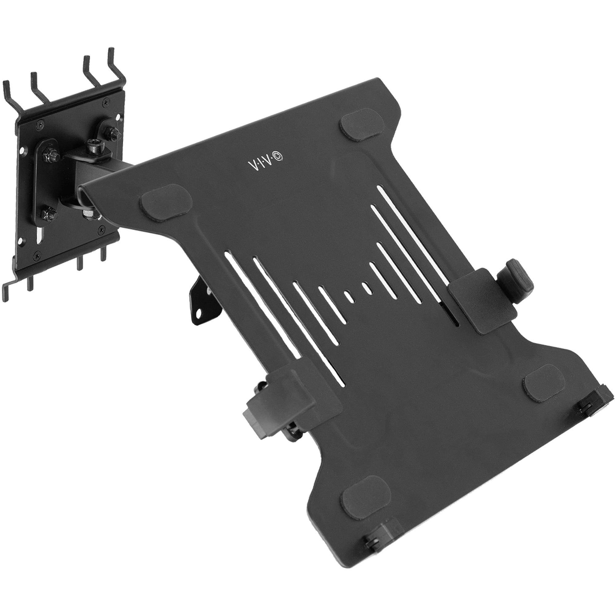Pegboard mounted laptop tray with articulating arm. Featuring adjustable holder clamps and tray ventilation.
