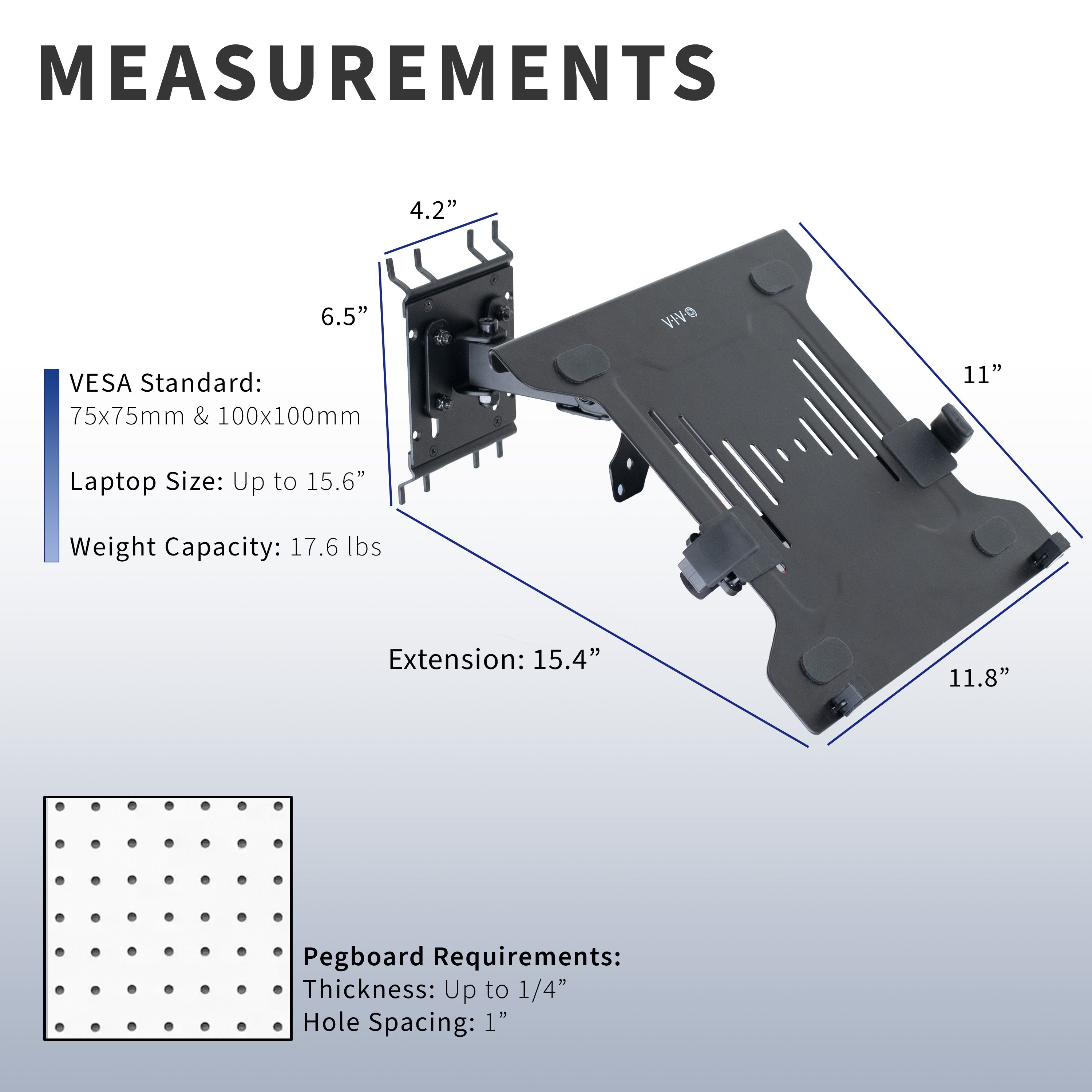 Pegboard mounted laptop tray with articulating arm. Featuring adjustable holder clamps and tray ventilation.