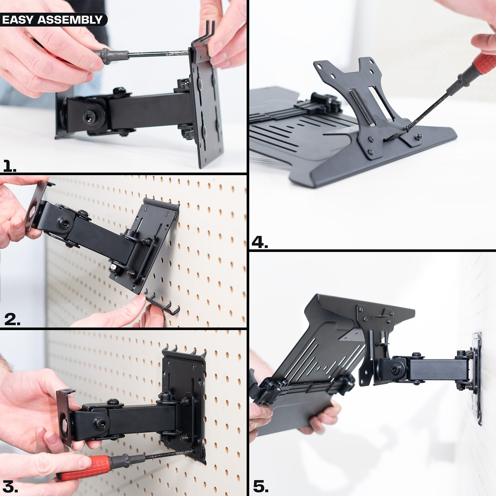 Pegboard mounted laptop tray with articulating arm. Featuring adjustable holder clamps and tray ventilation.
