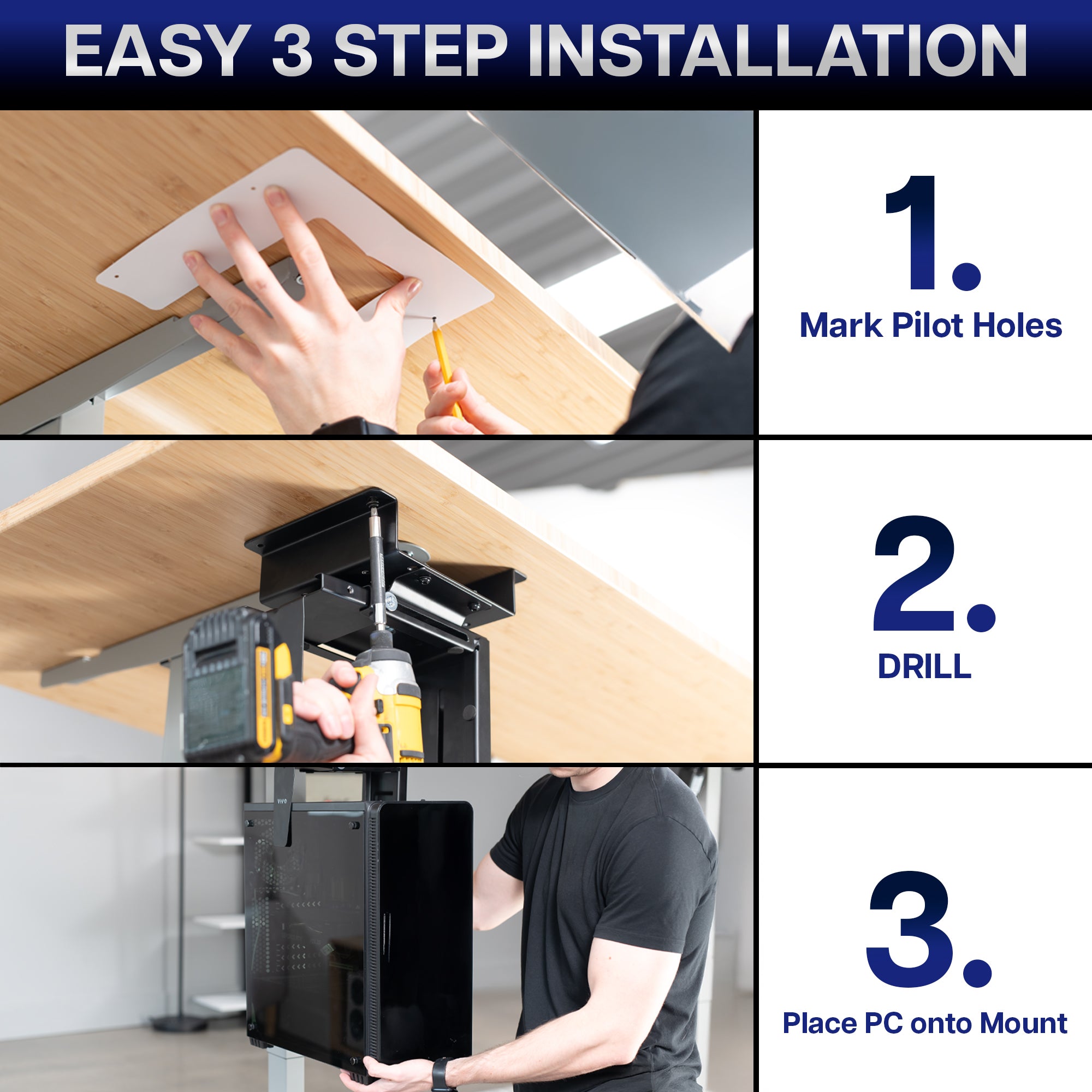 Step-by-step installation guide for a computer mount with text and images.