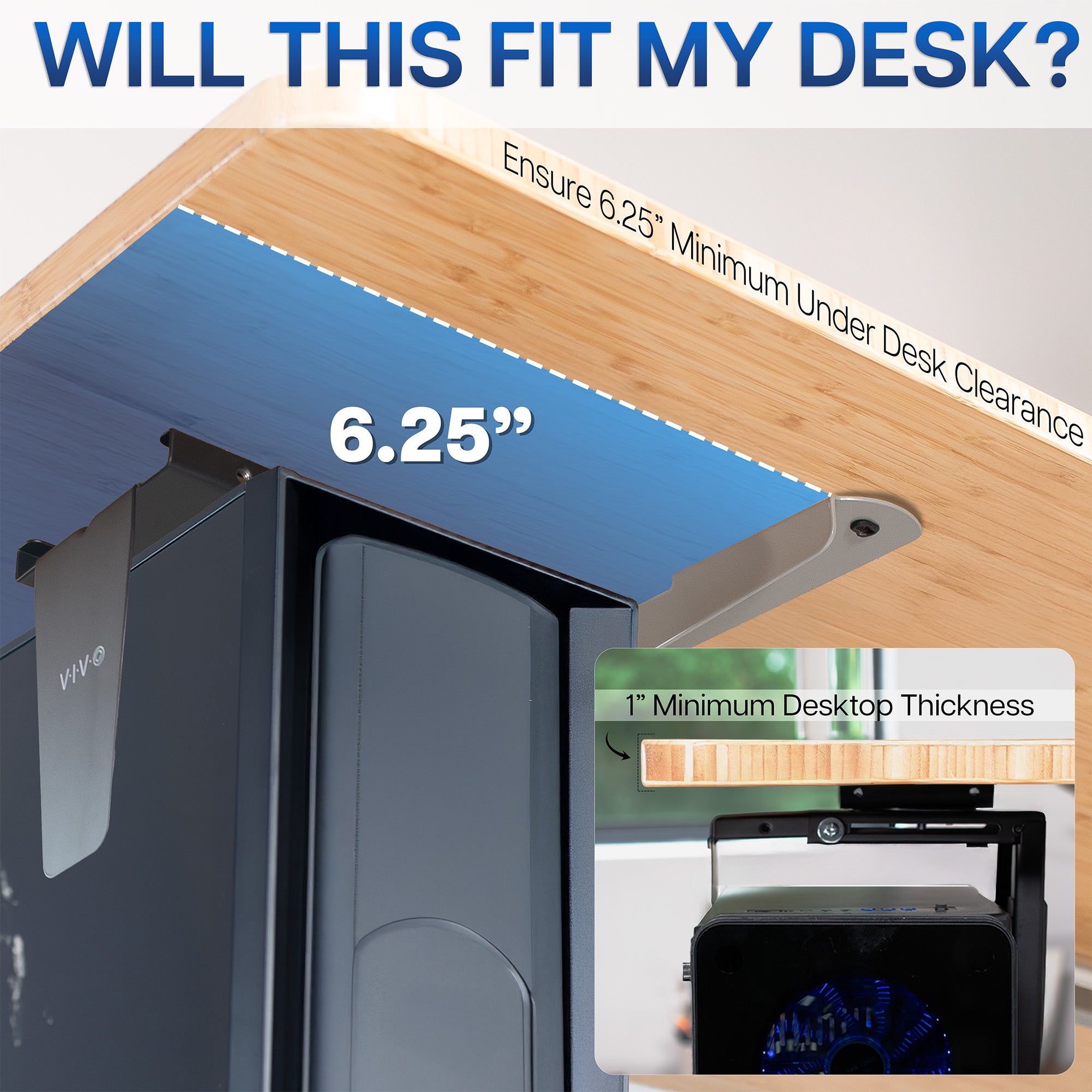 Measurement guide for desk setup with dimensions displayed.