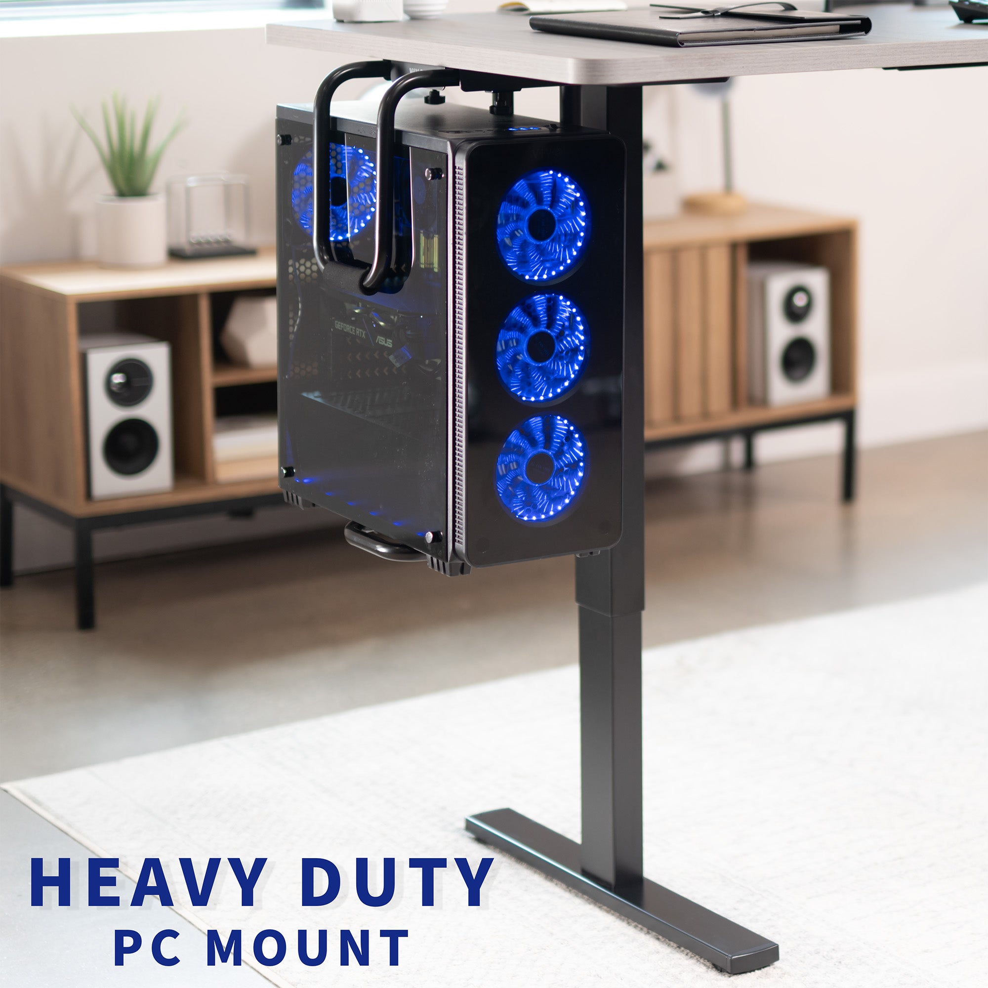 Sturdy under desk PC mount with adjustable width and height and protective padding included.
