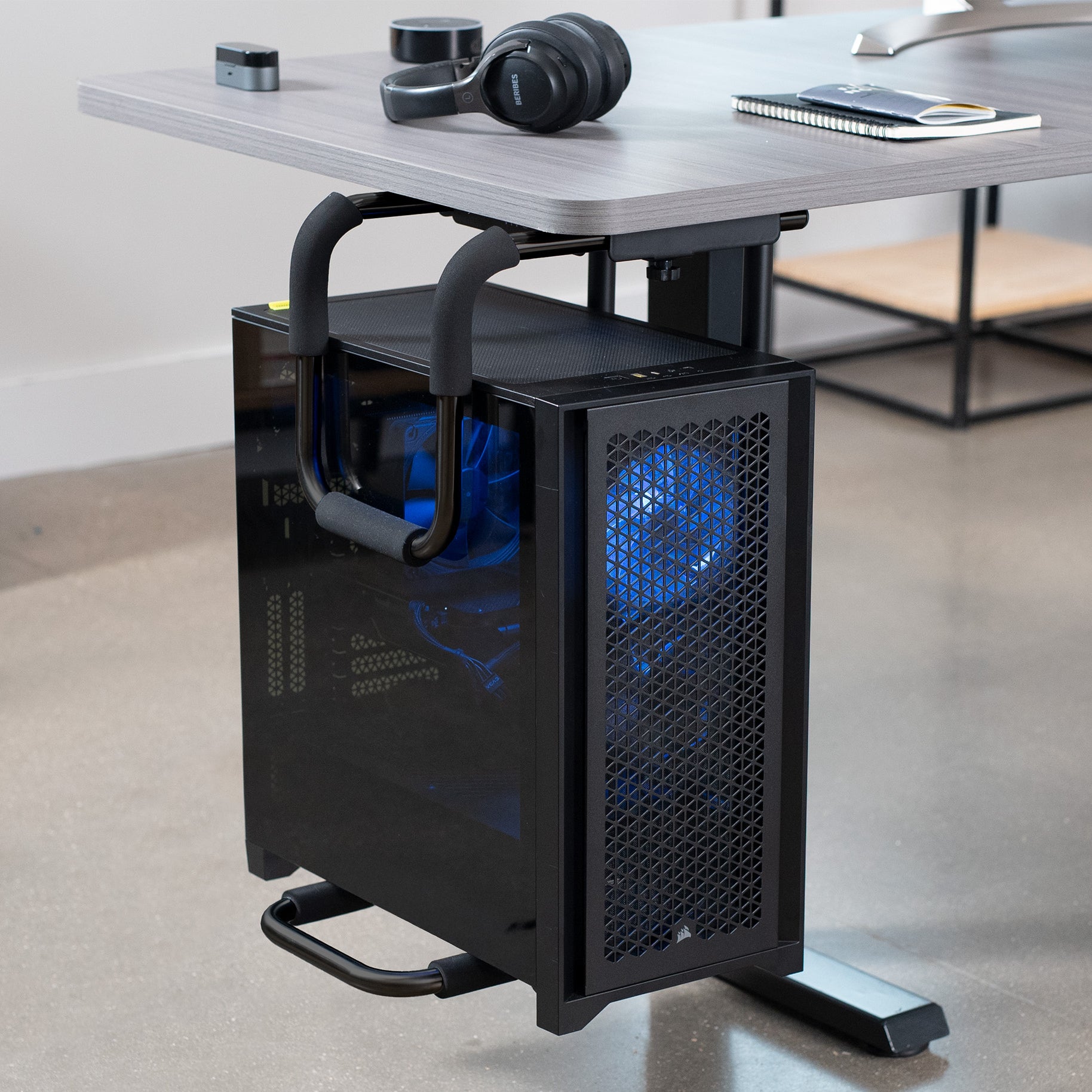 Large heavy-duty height adjustable and width adjustable under desk PC mount.