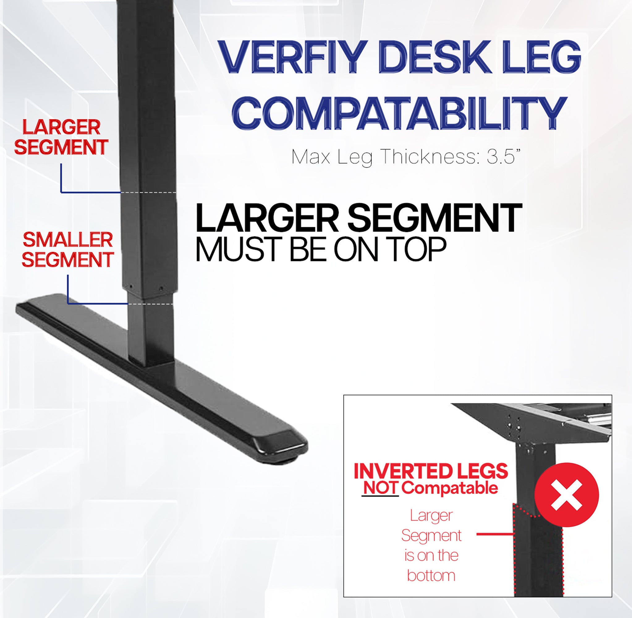 Instructions for verifying desk leg compatibility with diagrams and text on a white background
